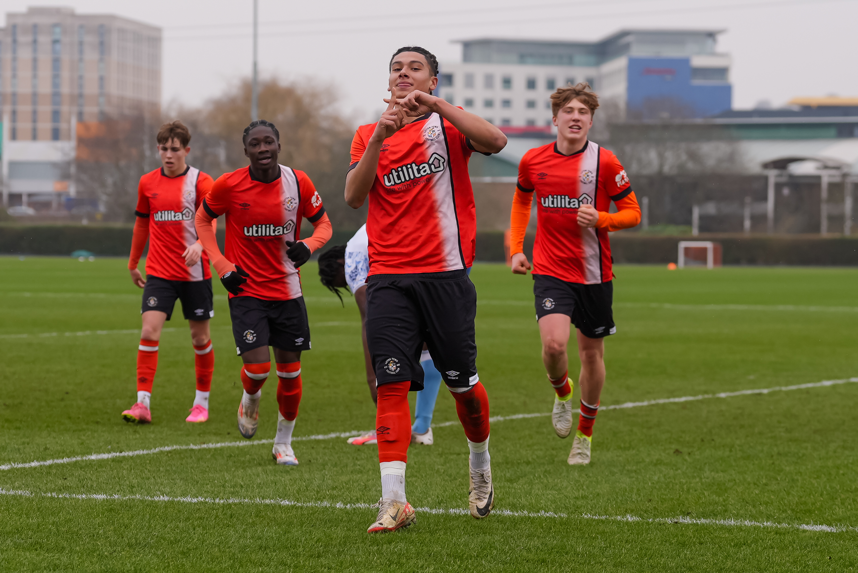 Samuel Hincapie-Alfonso celebrates a goal for the Hatters' Under-18s against Cambridge at The Brache.