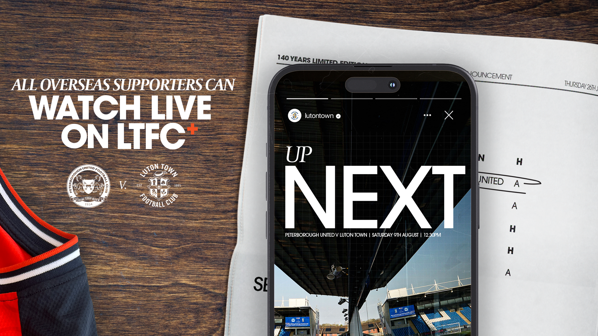 A graphic showing the LTFC+ package available for the game away to Peterborough United on Saturday 9th August, kick-off 12.30pm.