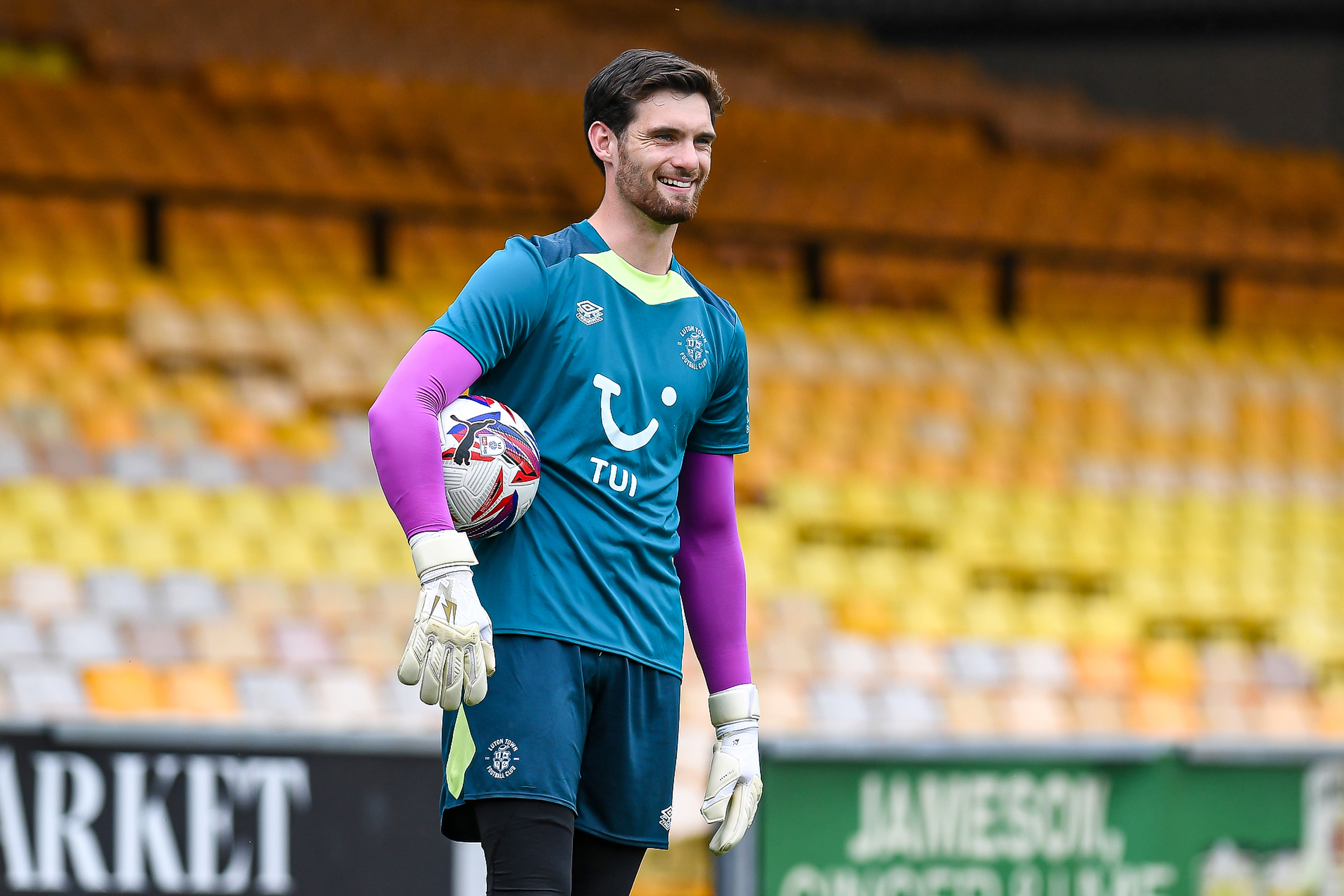 Jameson Horlick is all smiles in the warm-up before the pre-season friendly at Port Vale in July 2024.
