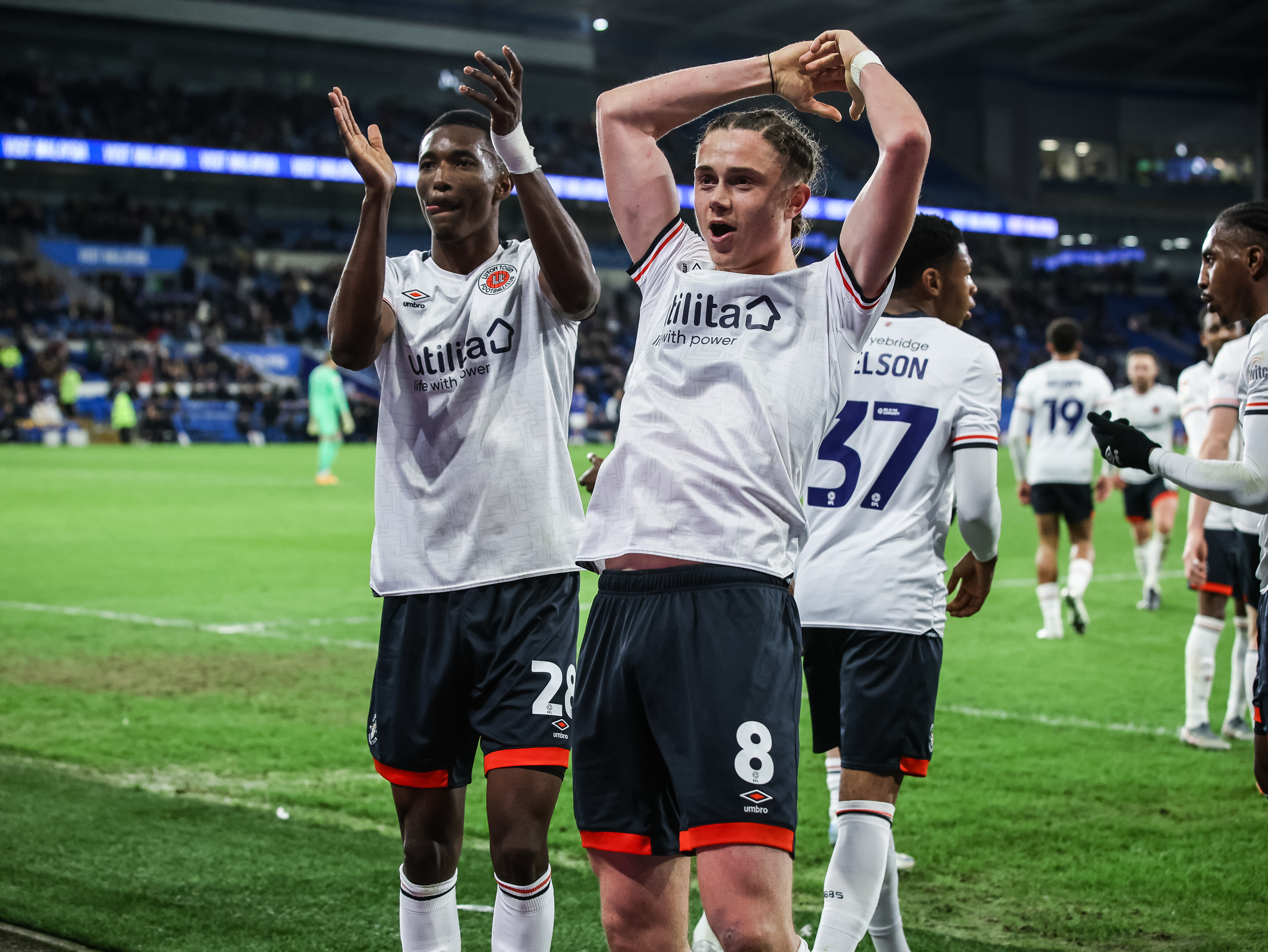 Thelo Aasgaard celebrates his first Luton Town goal in the 2-1 win at Cardiff.