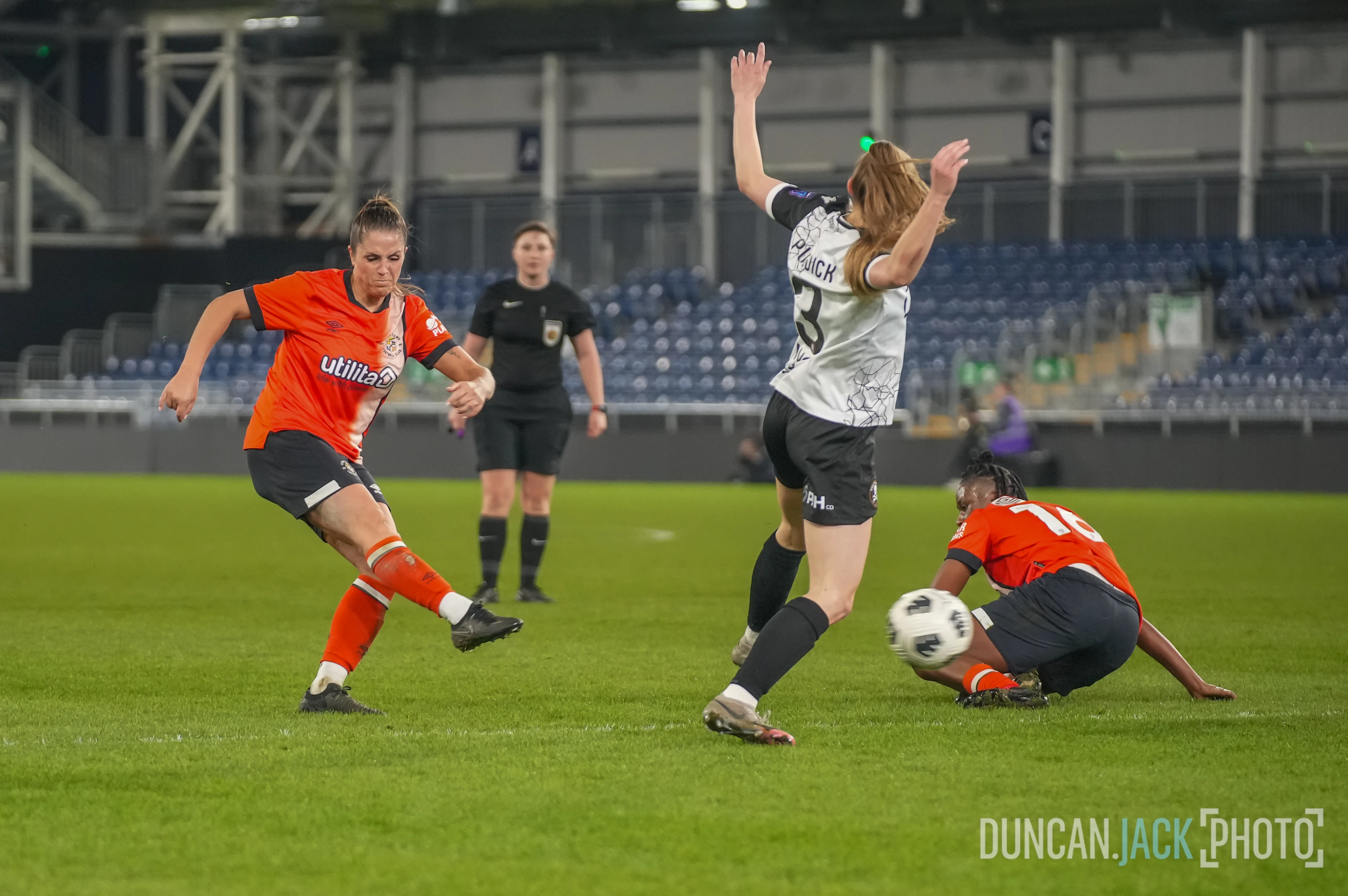 Jess McKay fires in a shot on goal during Luton Town Ladies' Beds Senior Cup final defeat to Real Bedford at Kenilworth Road