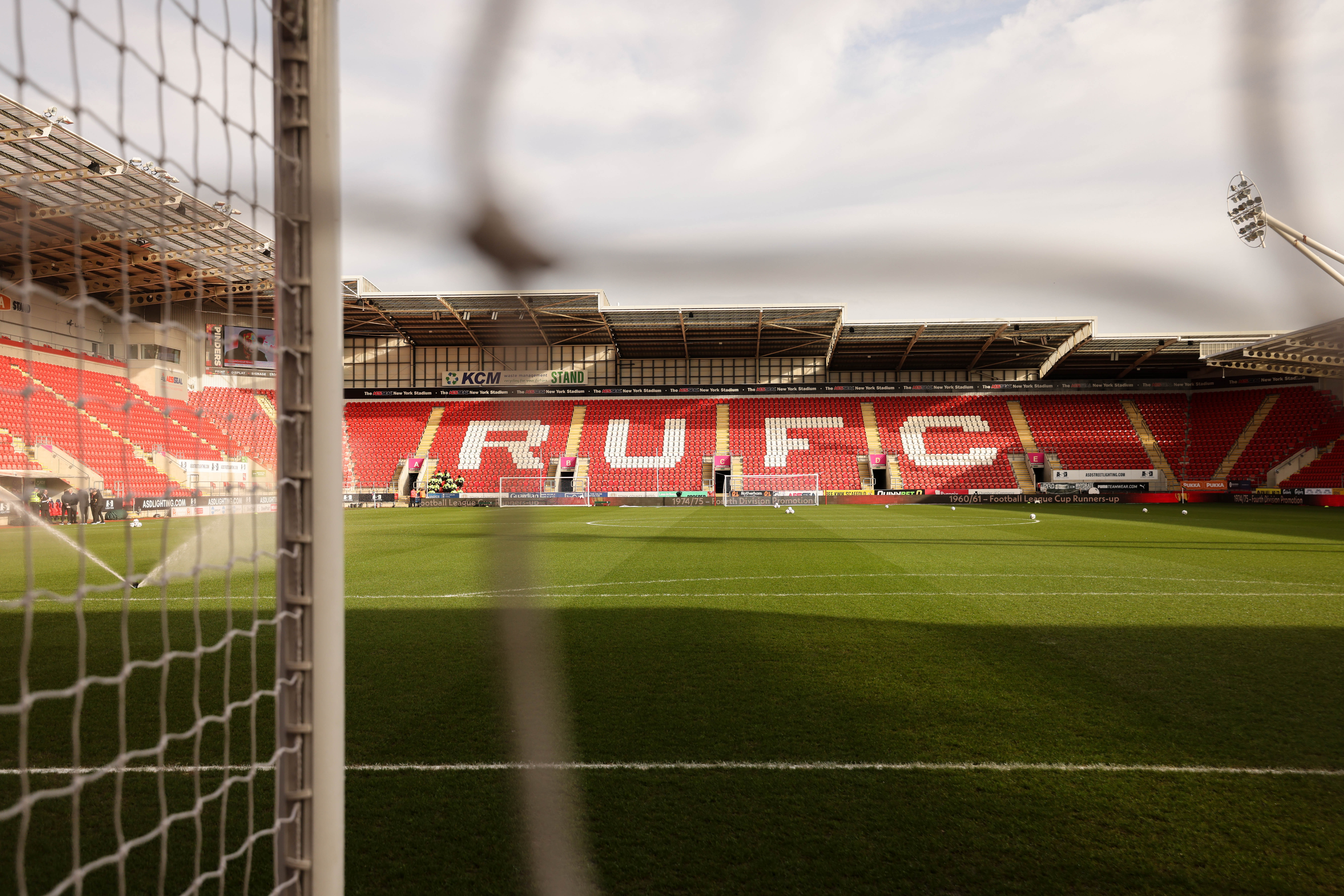 A general view of the Rotherham United stadium from behind the goal.