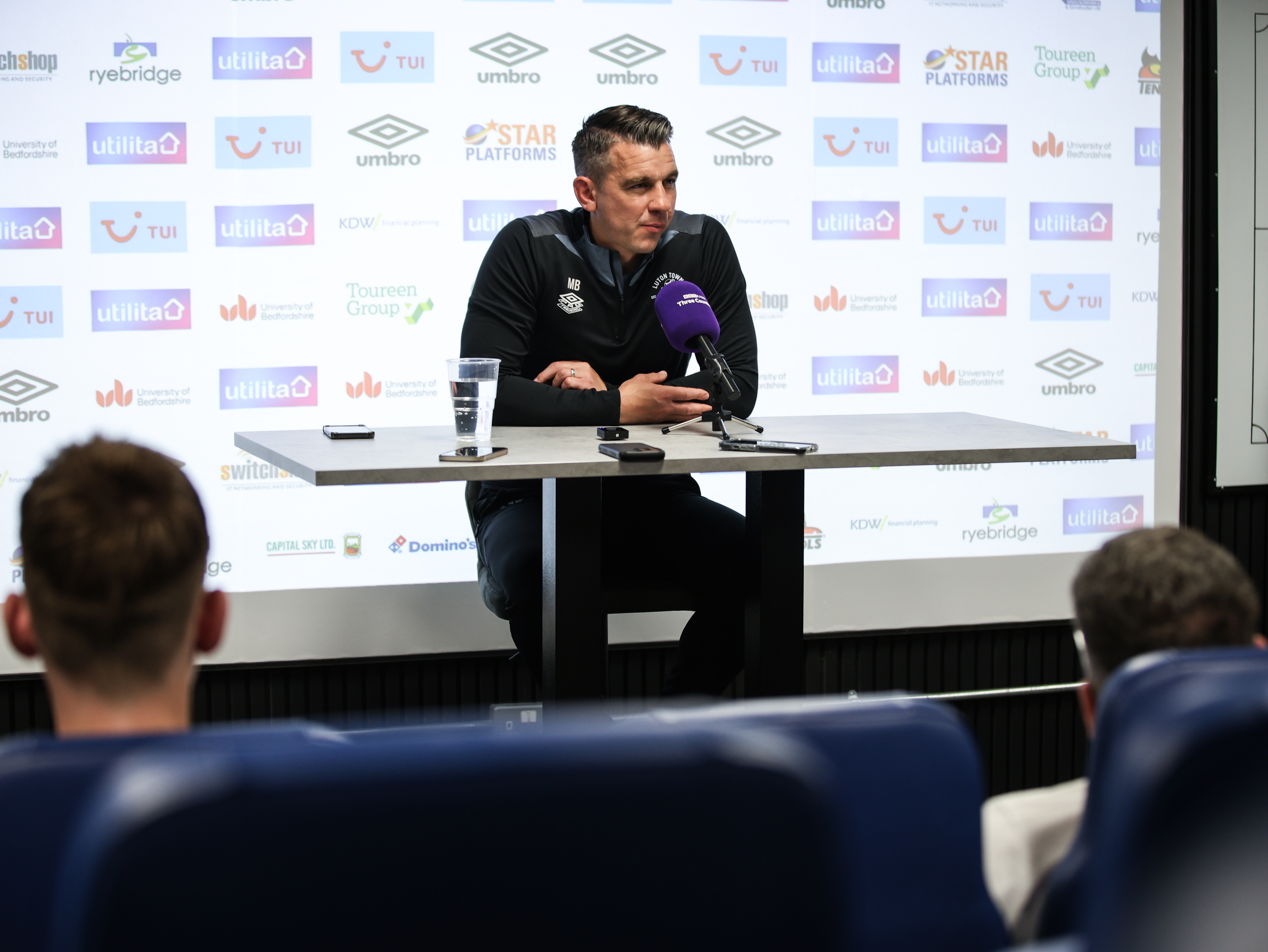 A view of Luton Town manager Matt Bloomfield taking part in his pre-match press conference ahead of Blackburn's visit to Kenilworth Road.