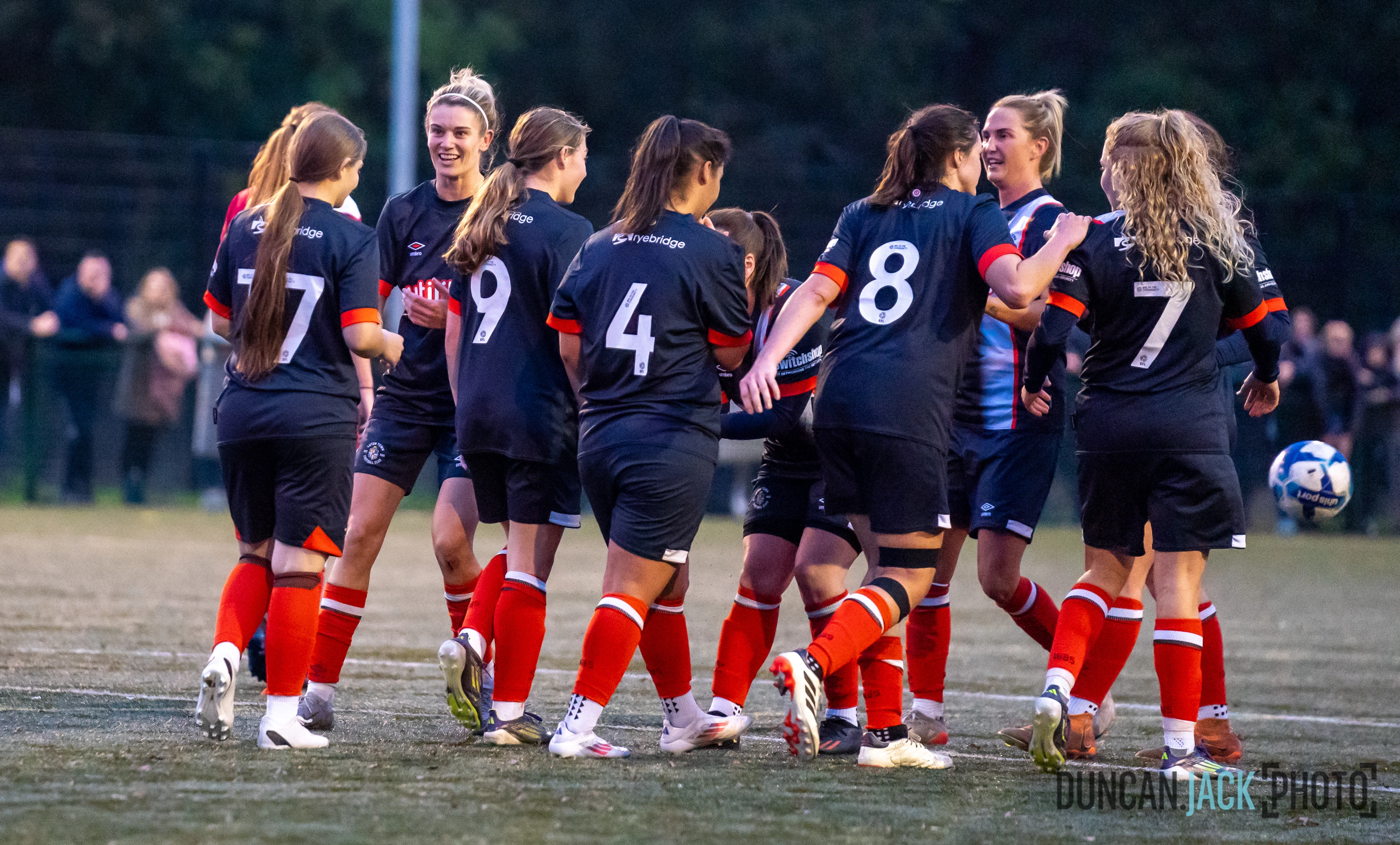 Luton Town Ladies celebrate in the FA Cup first round win at Hutton Women