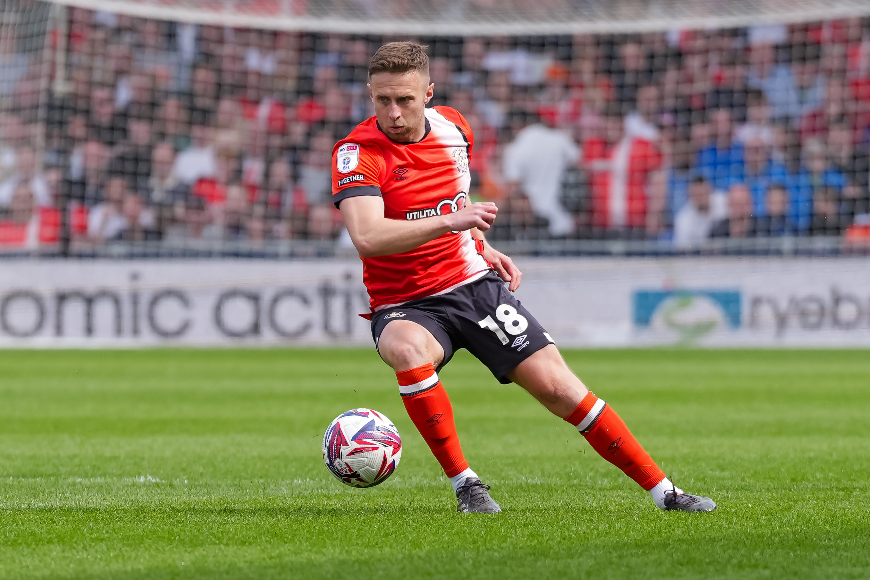 Jordan Clark in action during the Hatters' 1-0 home defeat to Blackburn Rovers at Kenilworth Road.