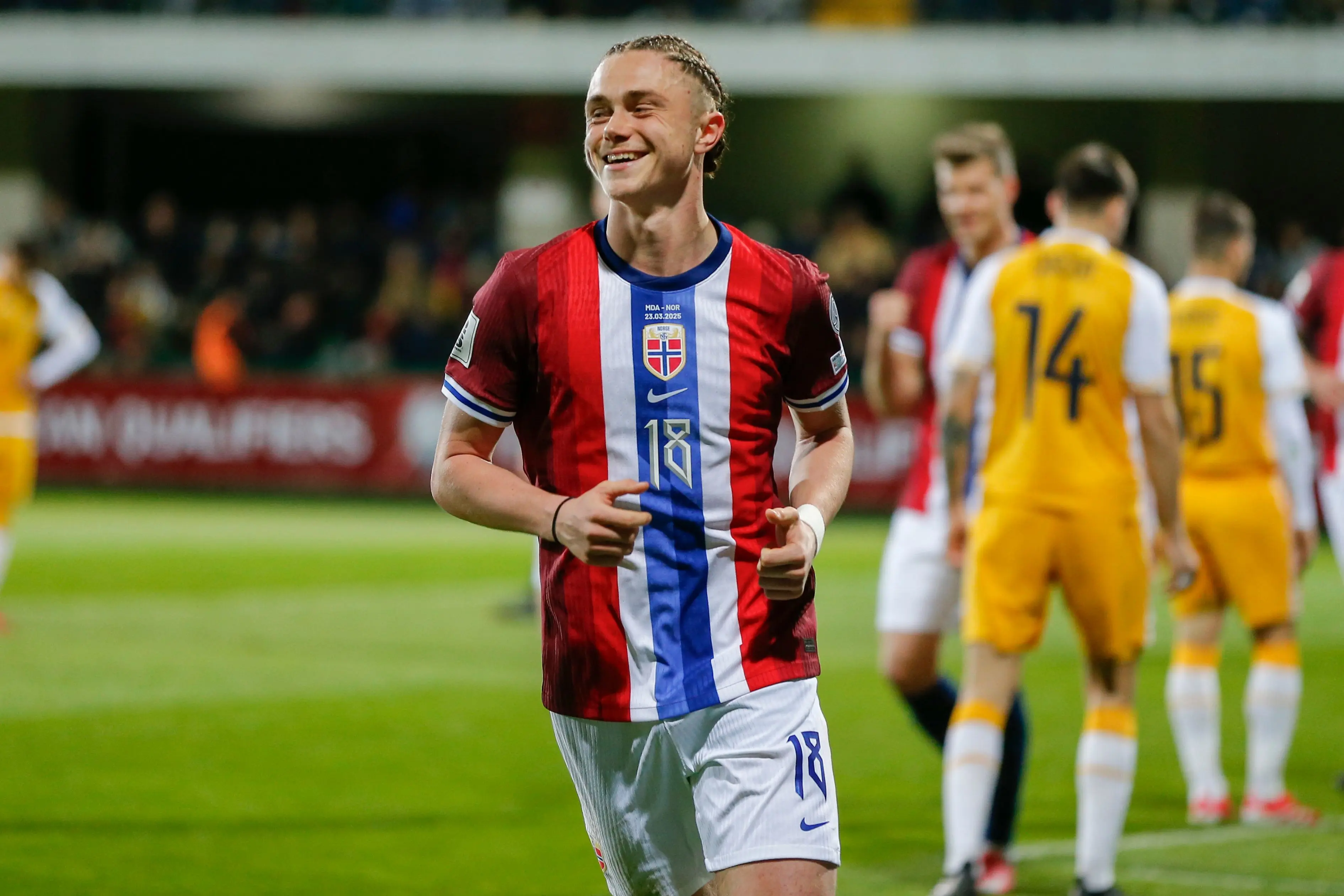 Thelo Aasgaard celebrates his goal on his senior debut in Norway's 5-0 win in Moldova.