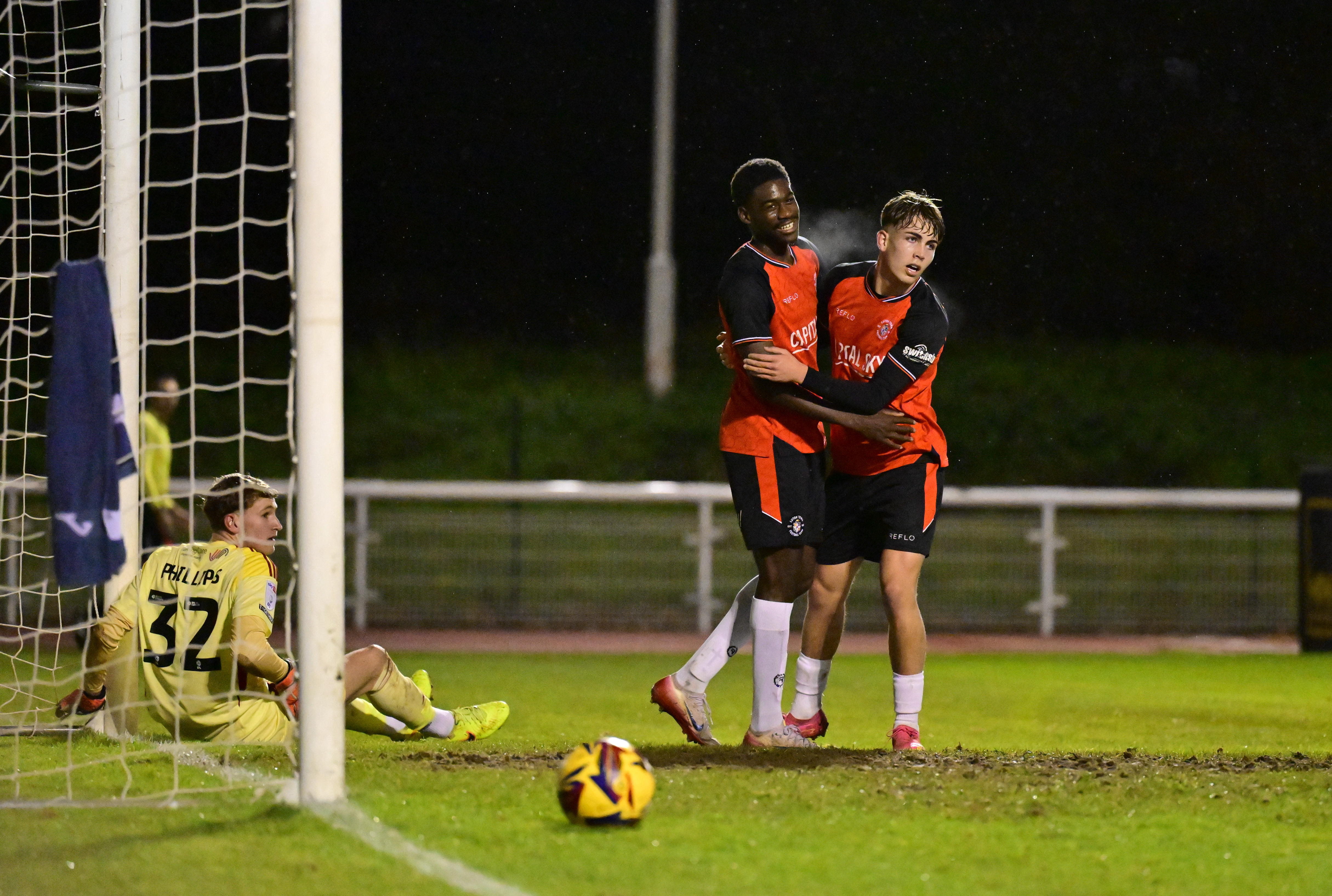 Charlie Trustram and Jamie Odegah celebrate the former's opening goal in the 2-1 win over Exeter.