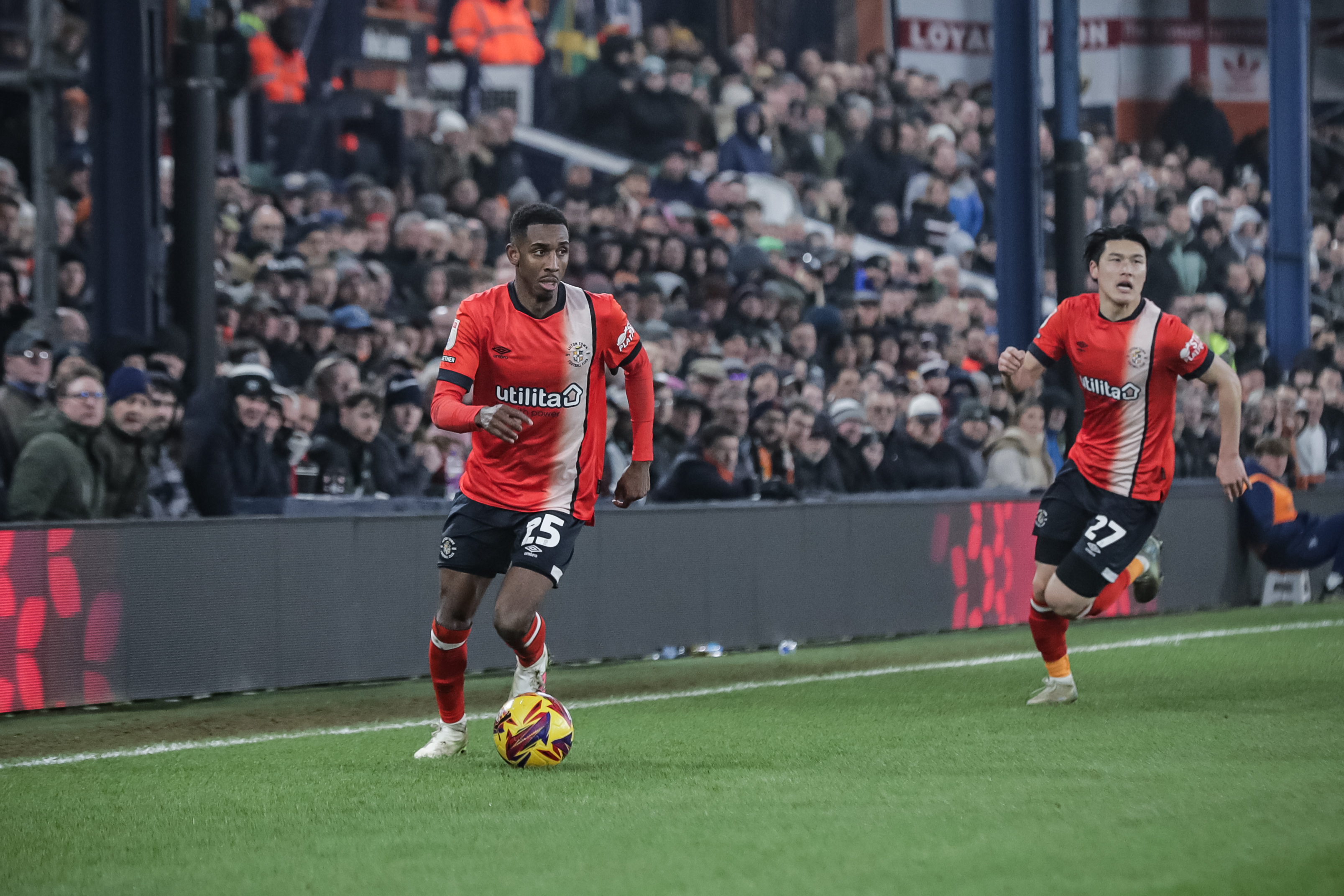 Izzy Jones and Daiki Hashioka on the attack for the Hatters in front of a packed Main Stand Enclosure against Preston.
