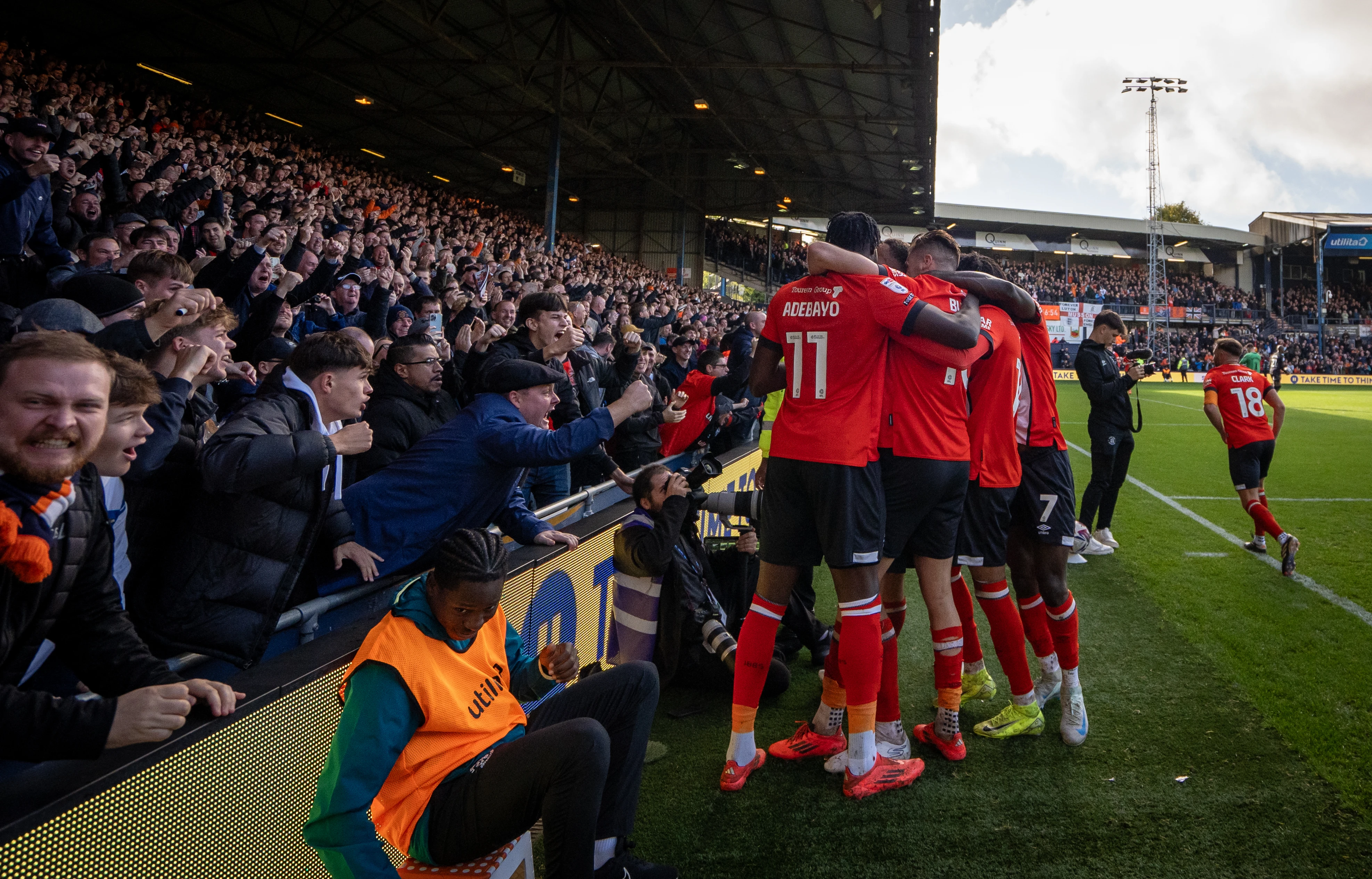 Luton Town supporters and players celebrate together in the 3-0 win over Watford at Kenilworth Road.