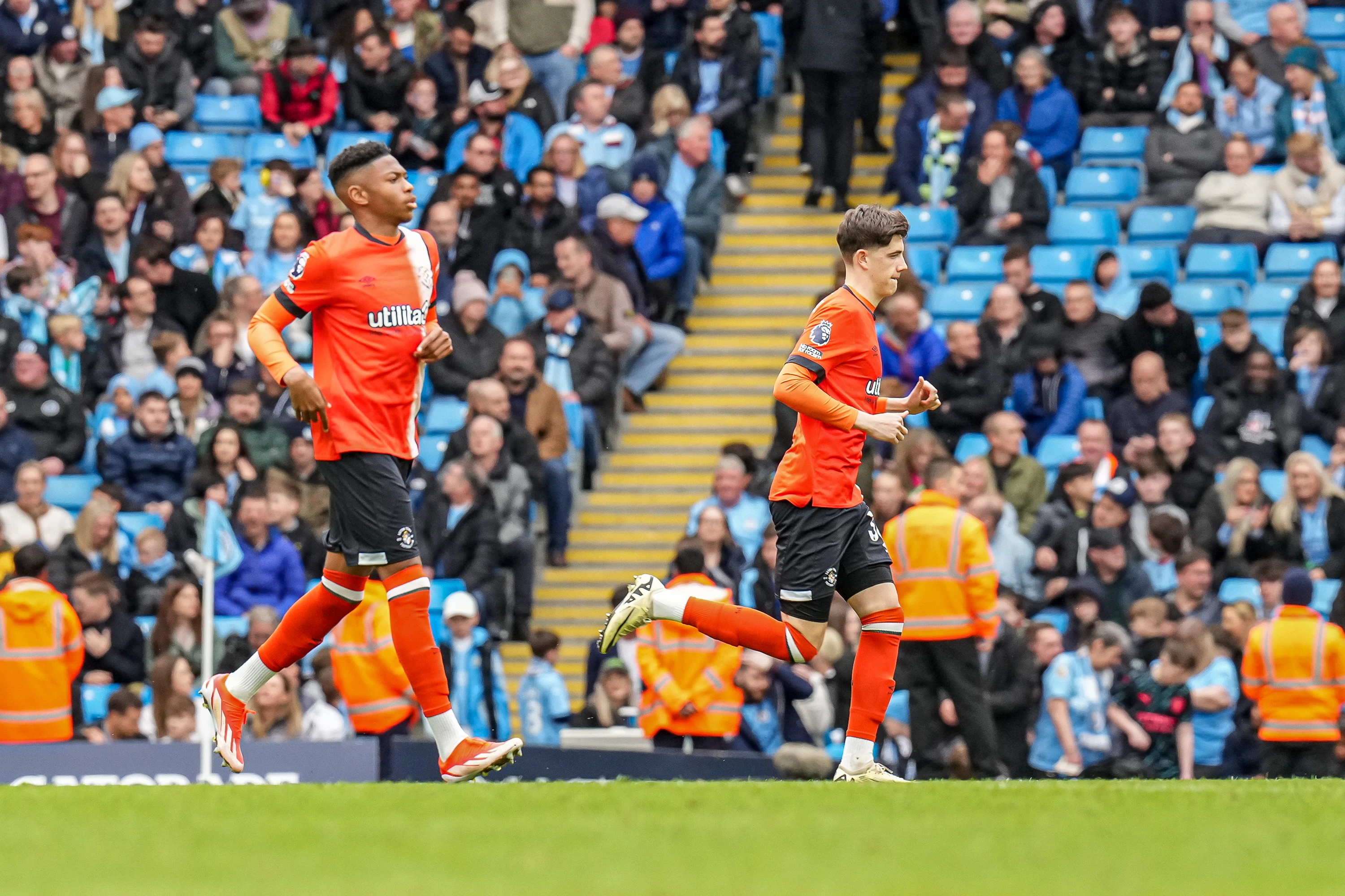 Academy graduates Zack Nelson and Joe Johnson are introduced together as substitutes in the Hatters' Premier League match at champions Manchester City in April 2024