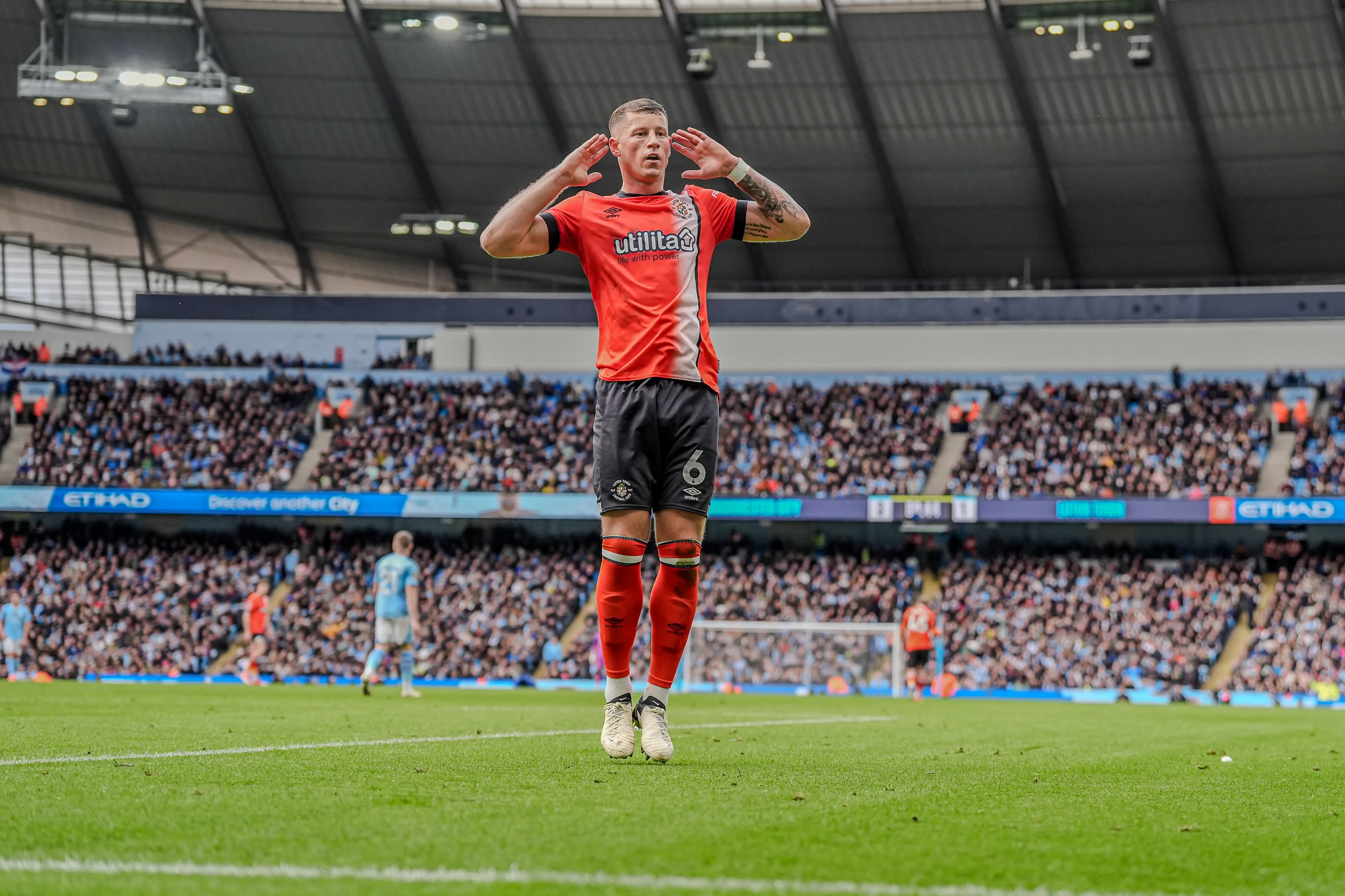 Ross Barkley celebrates his goal for Luton Town at Manchester City in April 2024