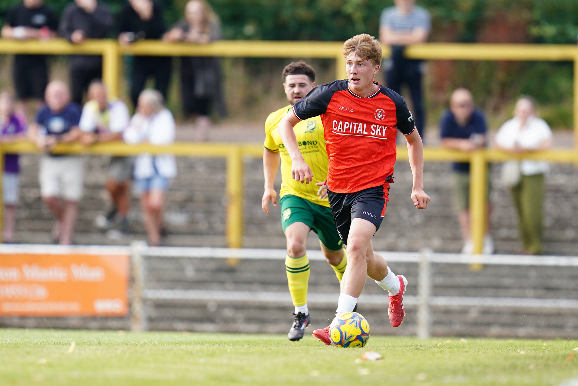 Harry Fox in action for the Hatters Under-21s in their pre-season friendly win at Hitchin Town.