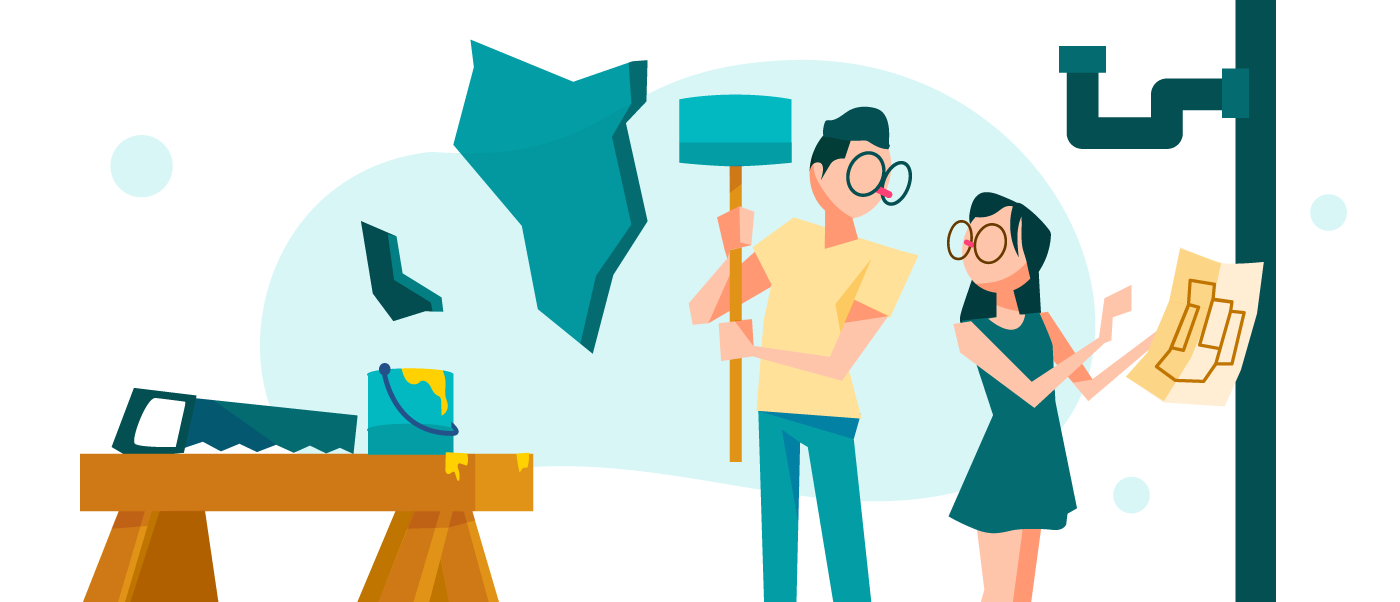 a cartoon man and woman DIY-ing their structural home renovation works themselves