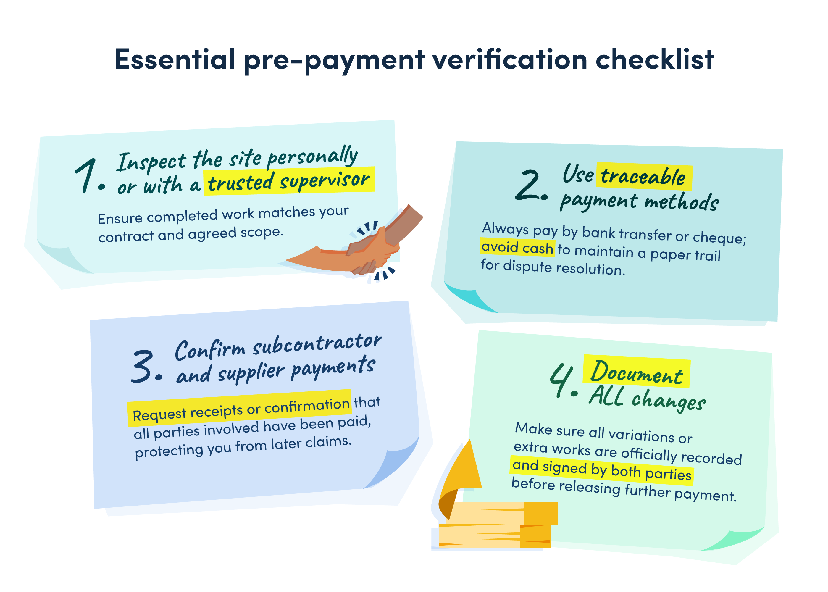 Essential pre-payment verification checklist for renovation payment.
1. Inspect the site personally or with a trusted supervisor
2. Use traceable payment methods
3. Confirm subcontractor and supplier payments
4. Document ALL changes
