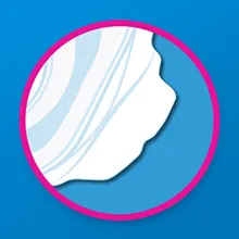 Quadrado azul-escuro com um círculo rosa. Dentro dele consta o grande plano de uma borda do penso higiénico com aba.