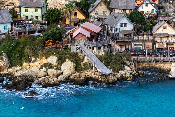 Popeye village, Popeye Rocks, Malta. Natural rocky landscape and Popeye Bay.
