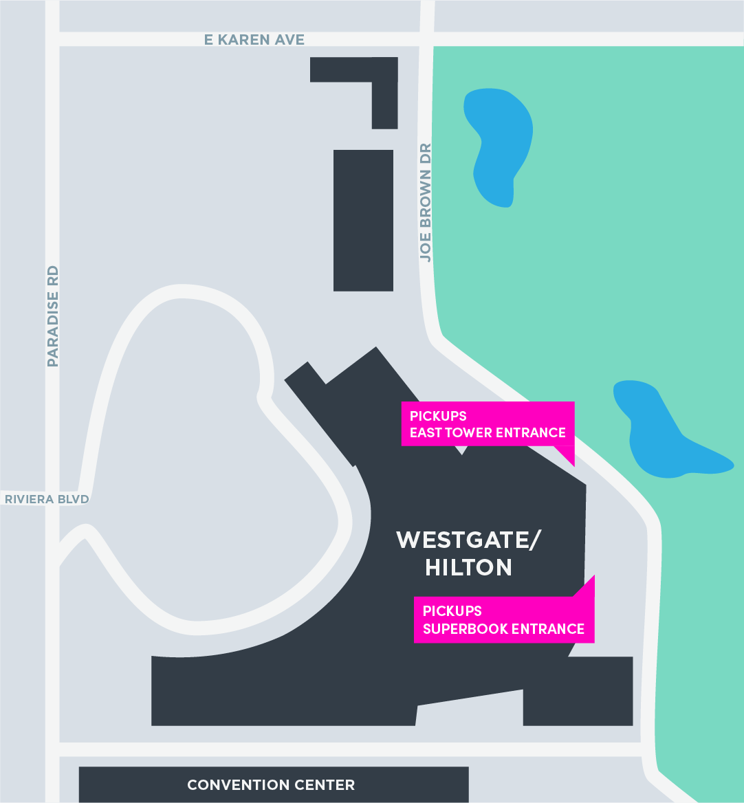 Esta imagem é um mapa do Westgate/Hilton. Ela mostra pontos de encontro e áreas de desembarque.