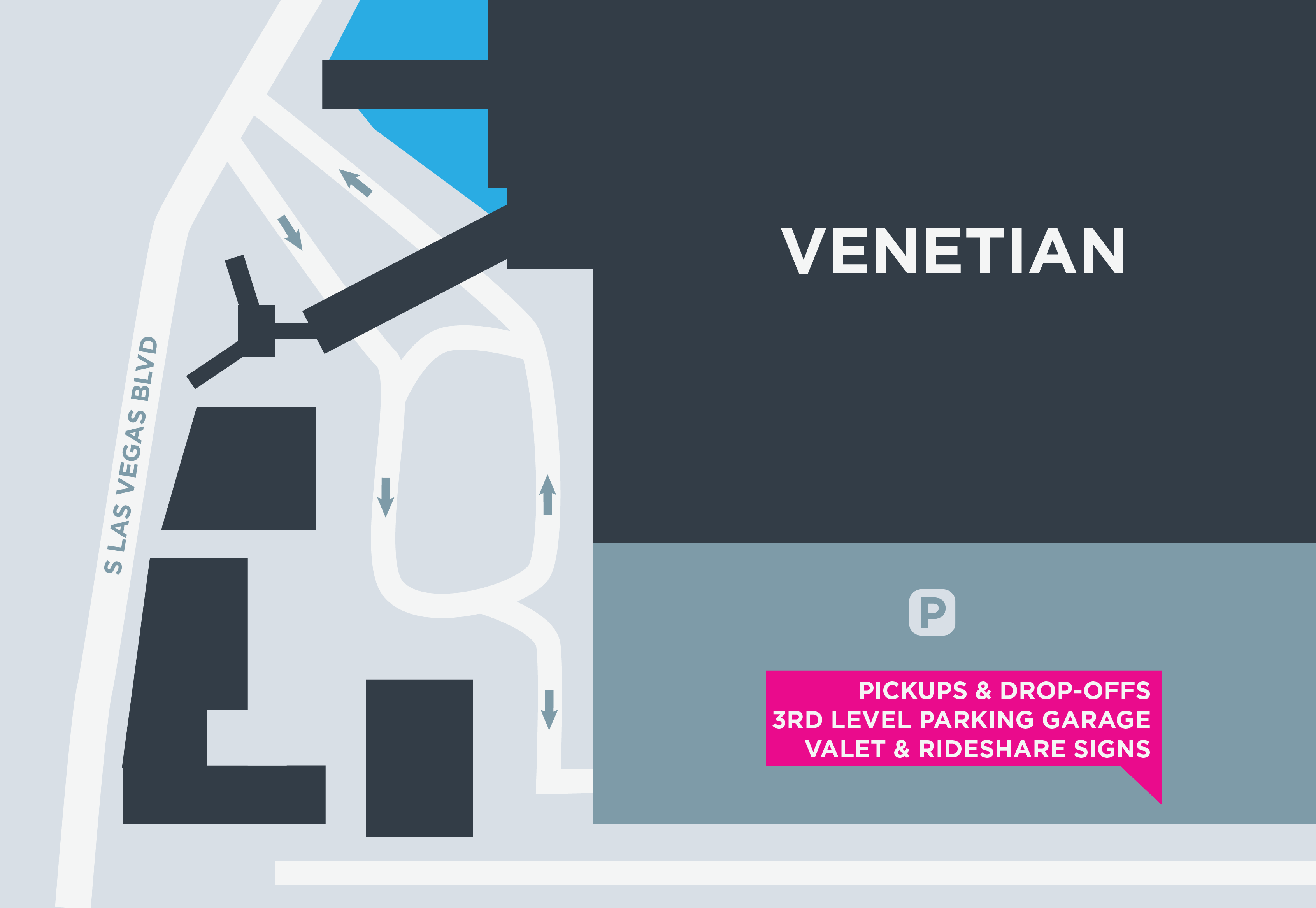 Esta imagen muestra un mapa del Venetian, incluidas las áreas para recoger y dejar pasajeros.