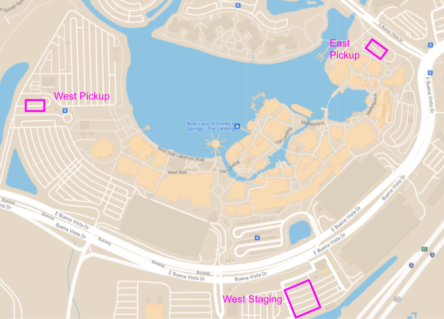 Map of Disney Springs showing the east and west pickup areas, and the west staging lot.