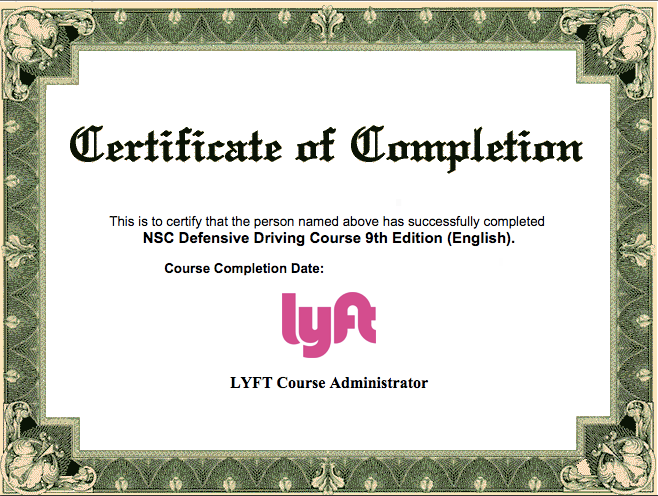 This is an example of the certificate of completion for the NSC Defensive Driving Course.