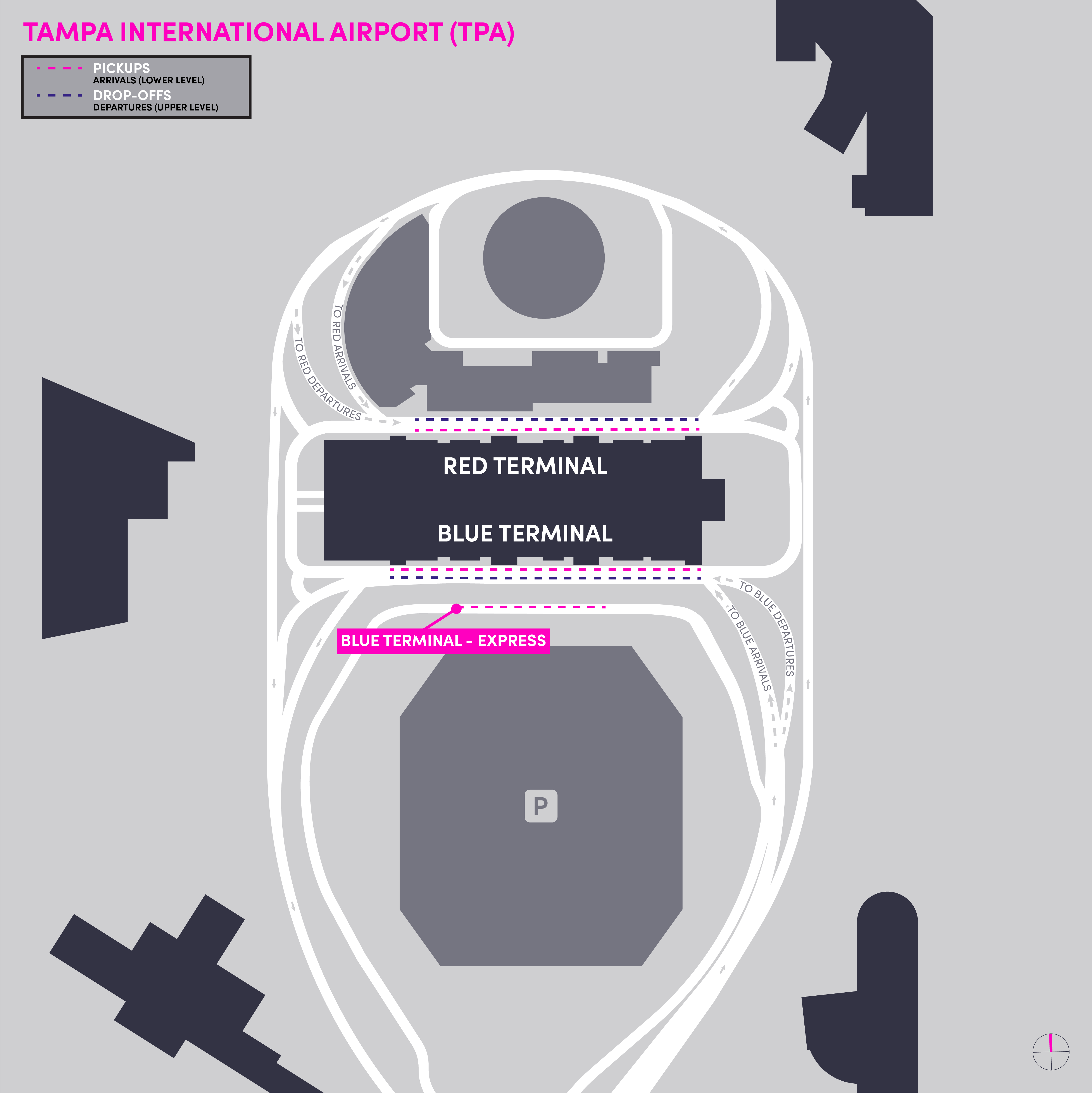 Esta imagem é um mapa do aeroporto TPA. Ela inclui o local de espera, ponto de encontro e áreas de desembarque.