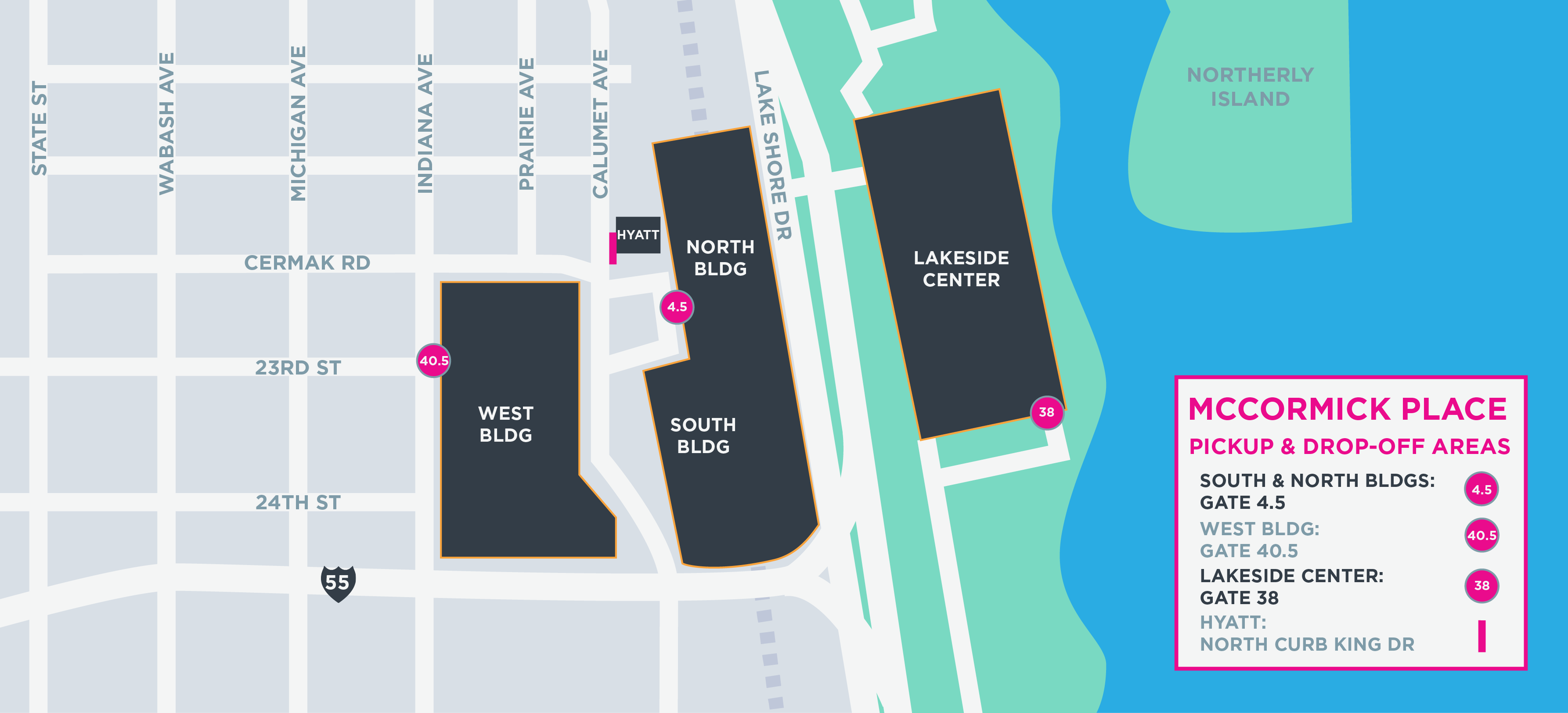 This image shows a map of McCormick place, including  pickup and drop-off areas.