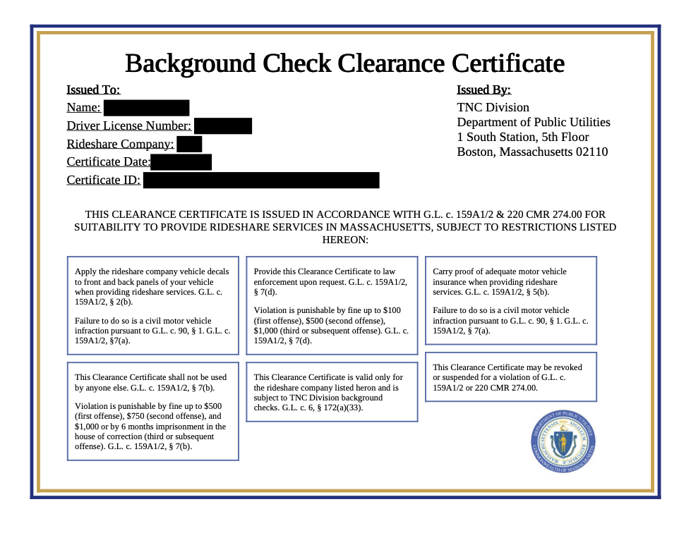 Este documento es un modelo de un Certificado de aprobación de verificación de antecedentes penales de Massachusetts.