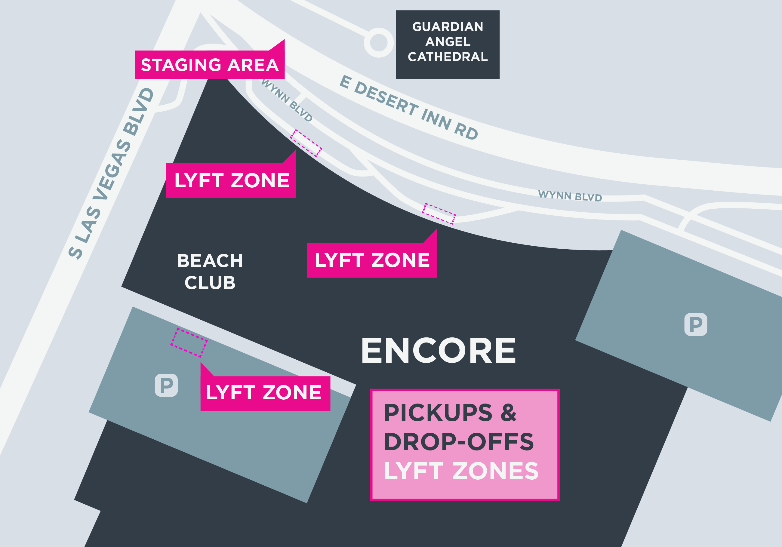 Mapa das zonas do Lyft no Encore em Las Vegas.