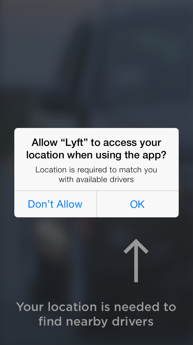 Shows notification asking for Lyft to access your location. Full text reads: "Allow Lyft to access your location when using the app? Location is required to match with available drivers."
