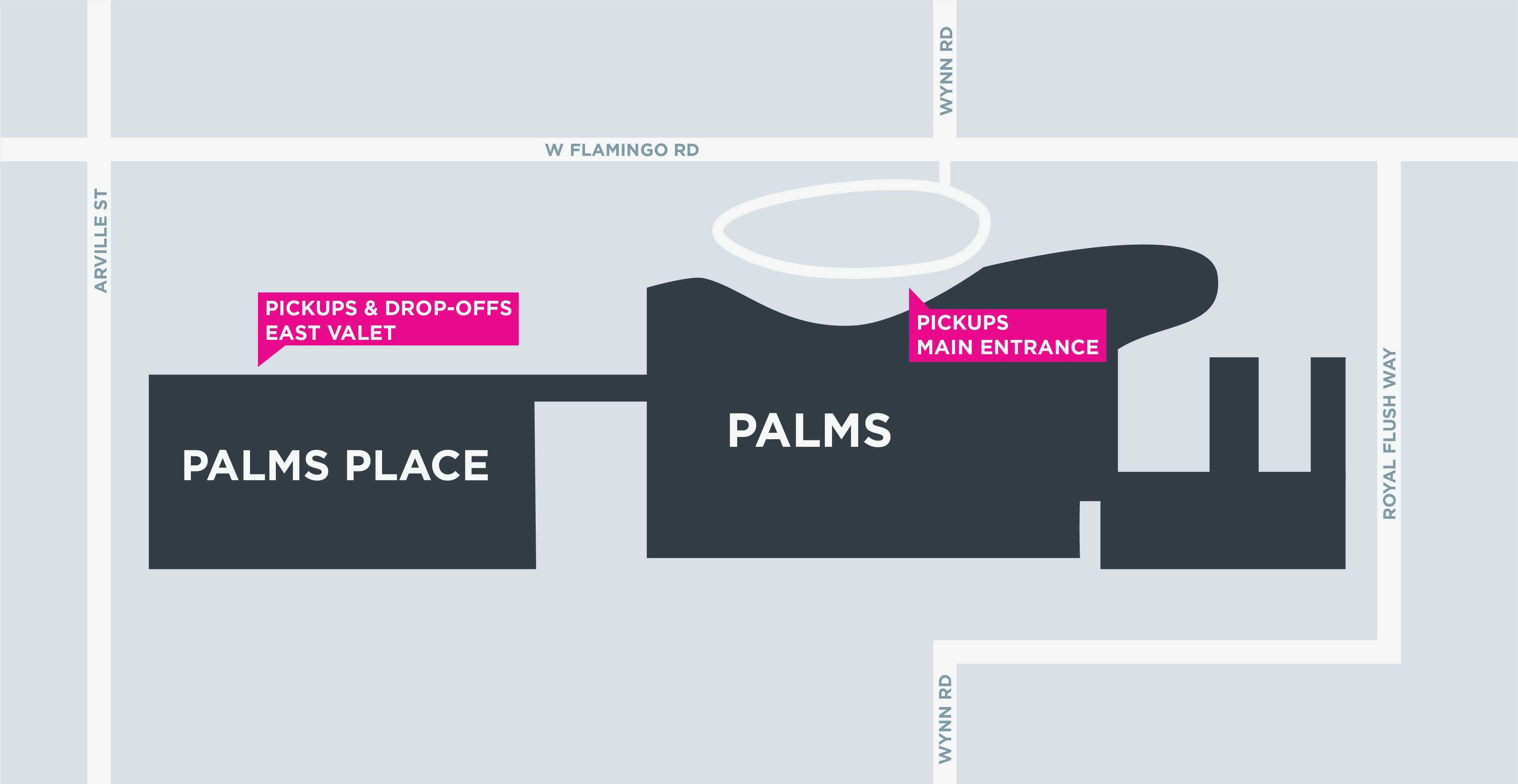 Map of pickup and drop-off areas at the Palms and Palms Place in Las Vegas.