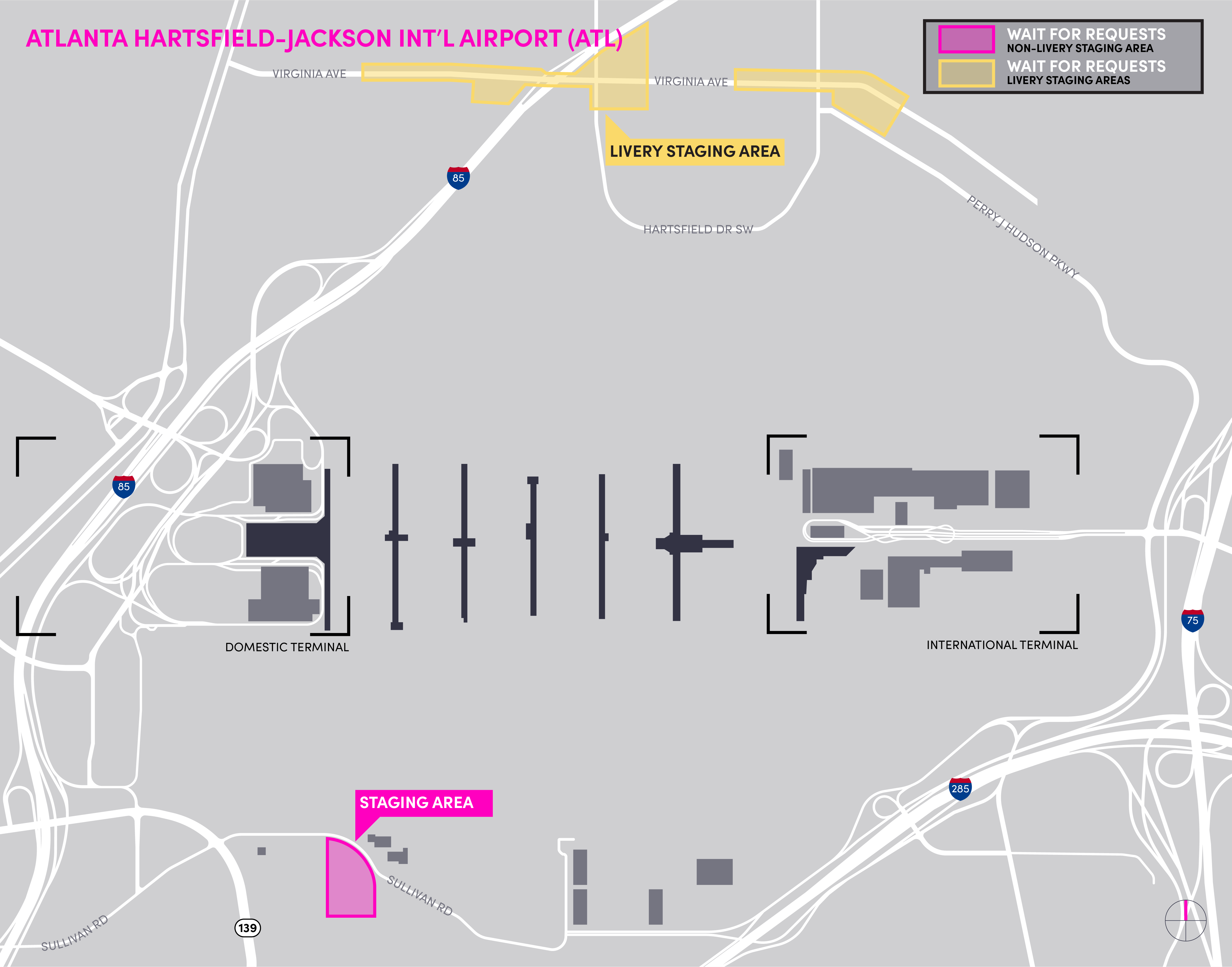 Mapa del aeropuerto de ATL en el que se detalla el área de espera y el área de espera para vehículos comerciales.