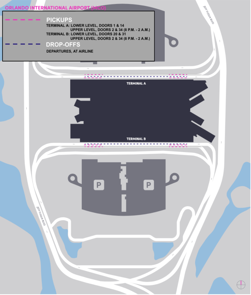 Esta imagem é um mapa do aeroporto MCO. Ela inclui áreas de ponto de encontro e desembarque.