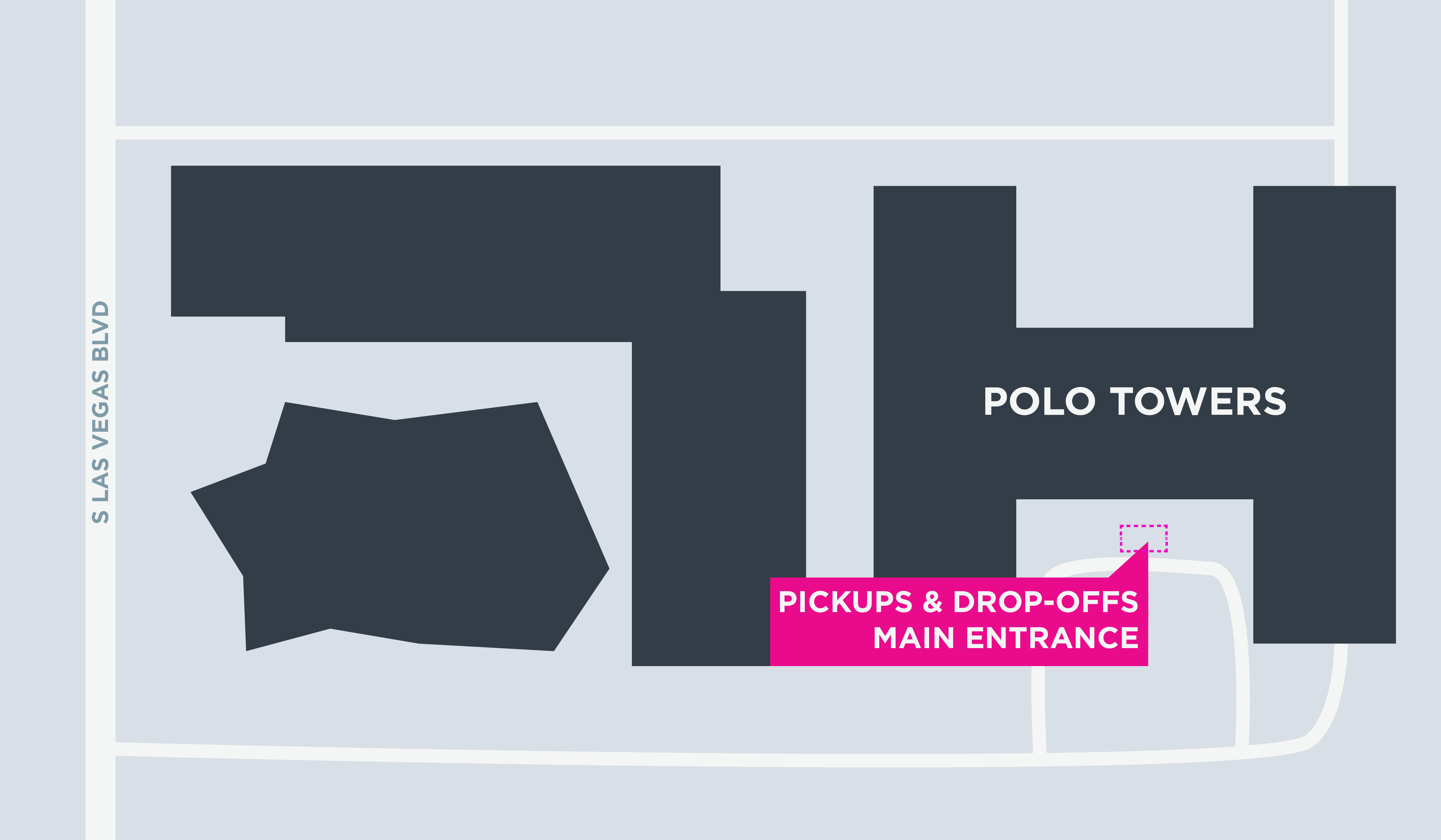 Mapa de las áreas para recoger y dejar pasajeros en Polo Towers en Las Vegas.