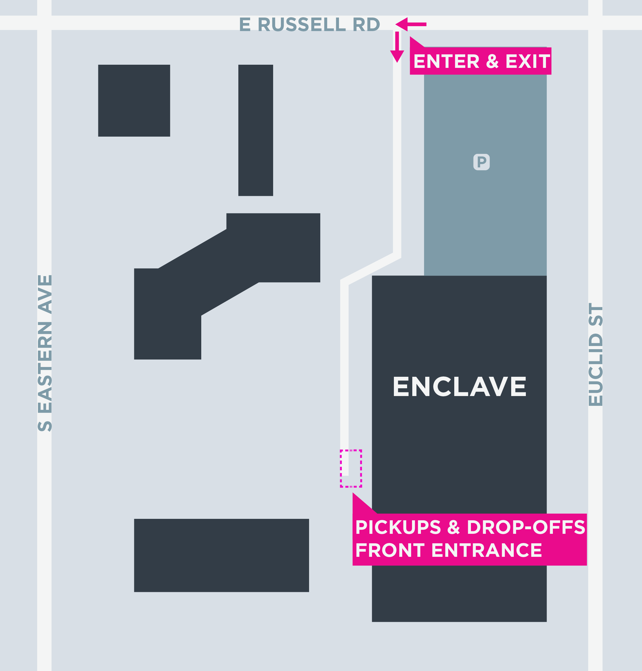 This image shows a map of the Enclave, including pickup and dropoff areas.