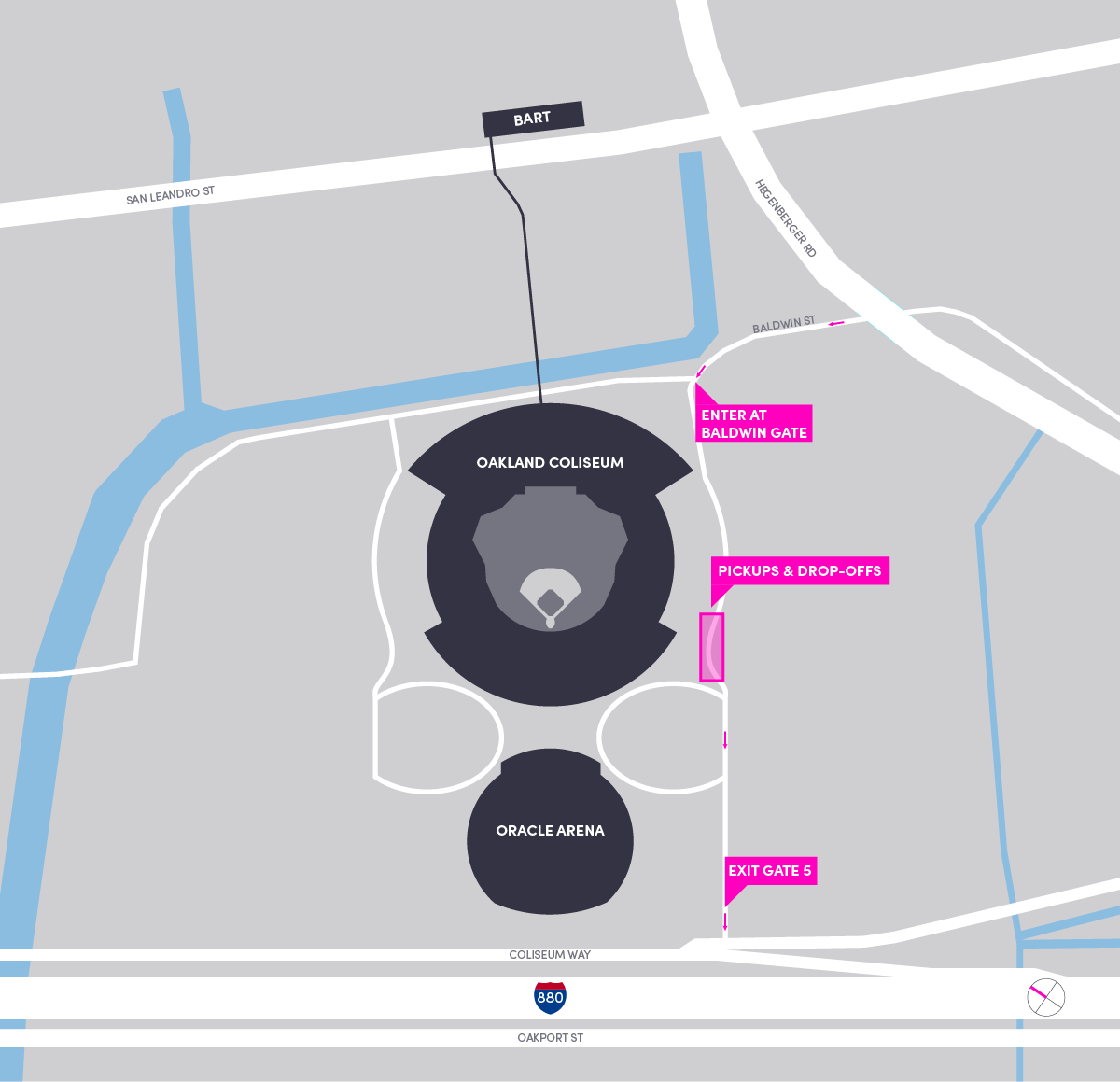 This image shows a map of the Oracle Arena and Oakland Coliseum.