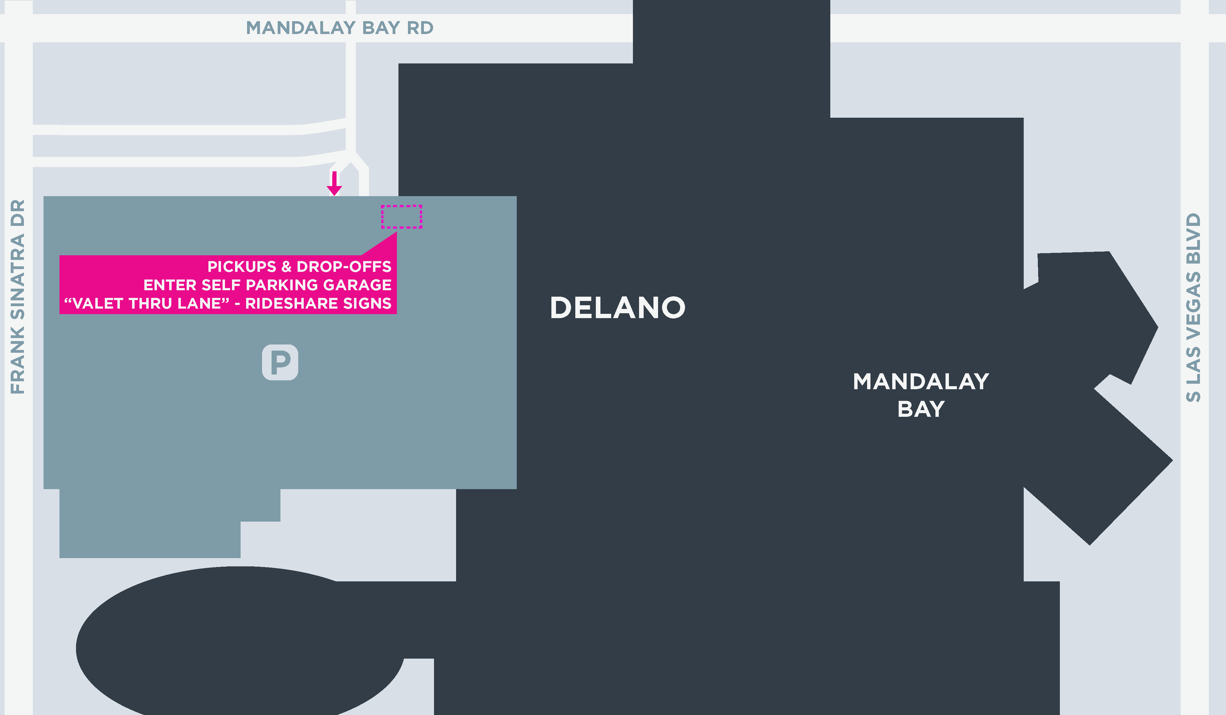 Cette image montre un plan du Delano, y compris les zones de départ et d'arrivée.