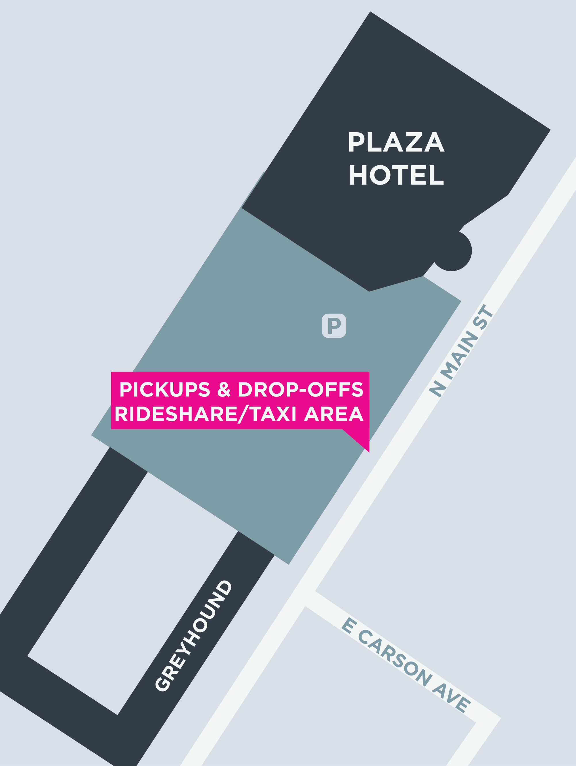 Map of the passenger pickup and drop-offs area at the Plaza Hotel in Las Vegas.