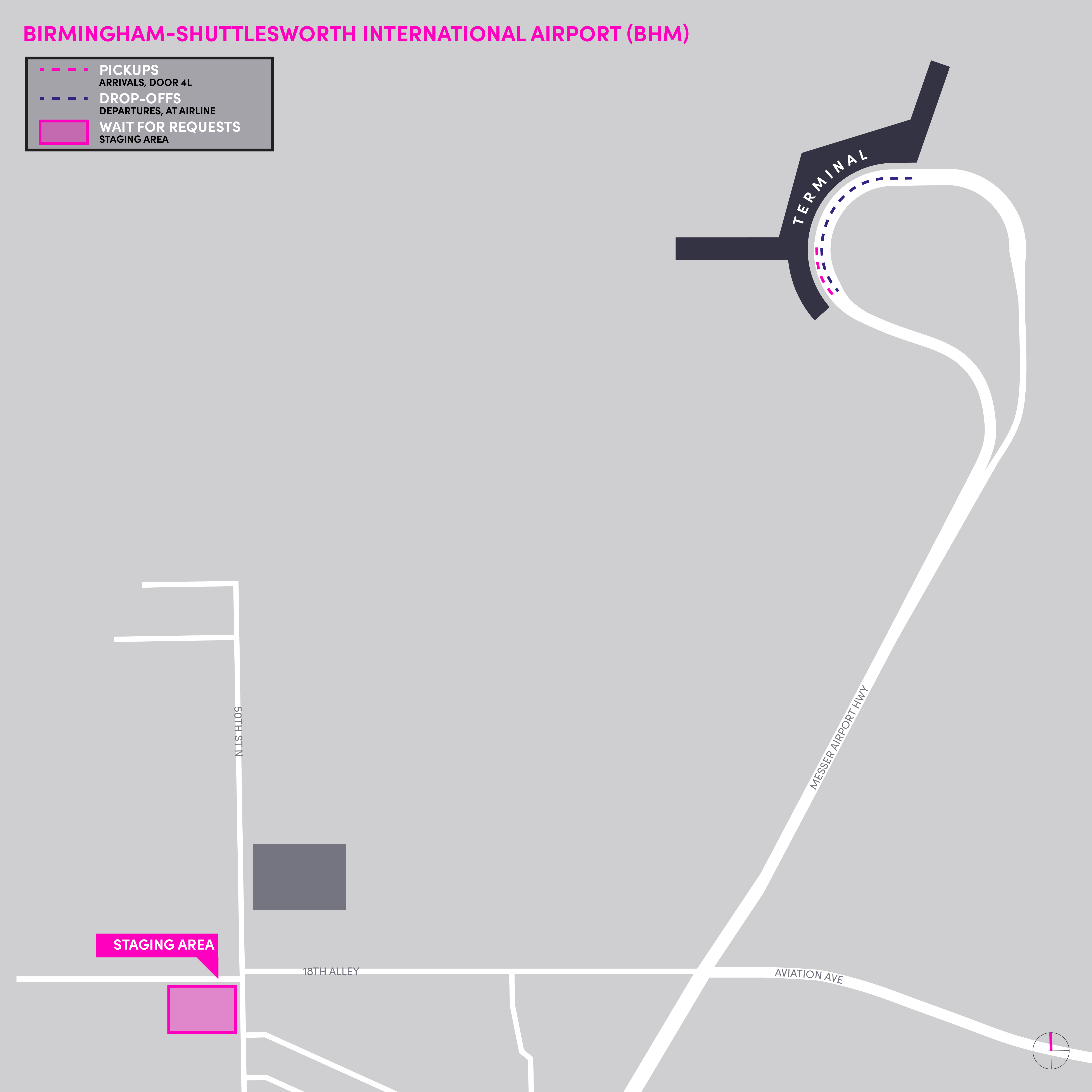 This image is a map of the BHM airport. It includes staging lot, pickup, and drop-off areas.