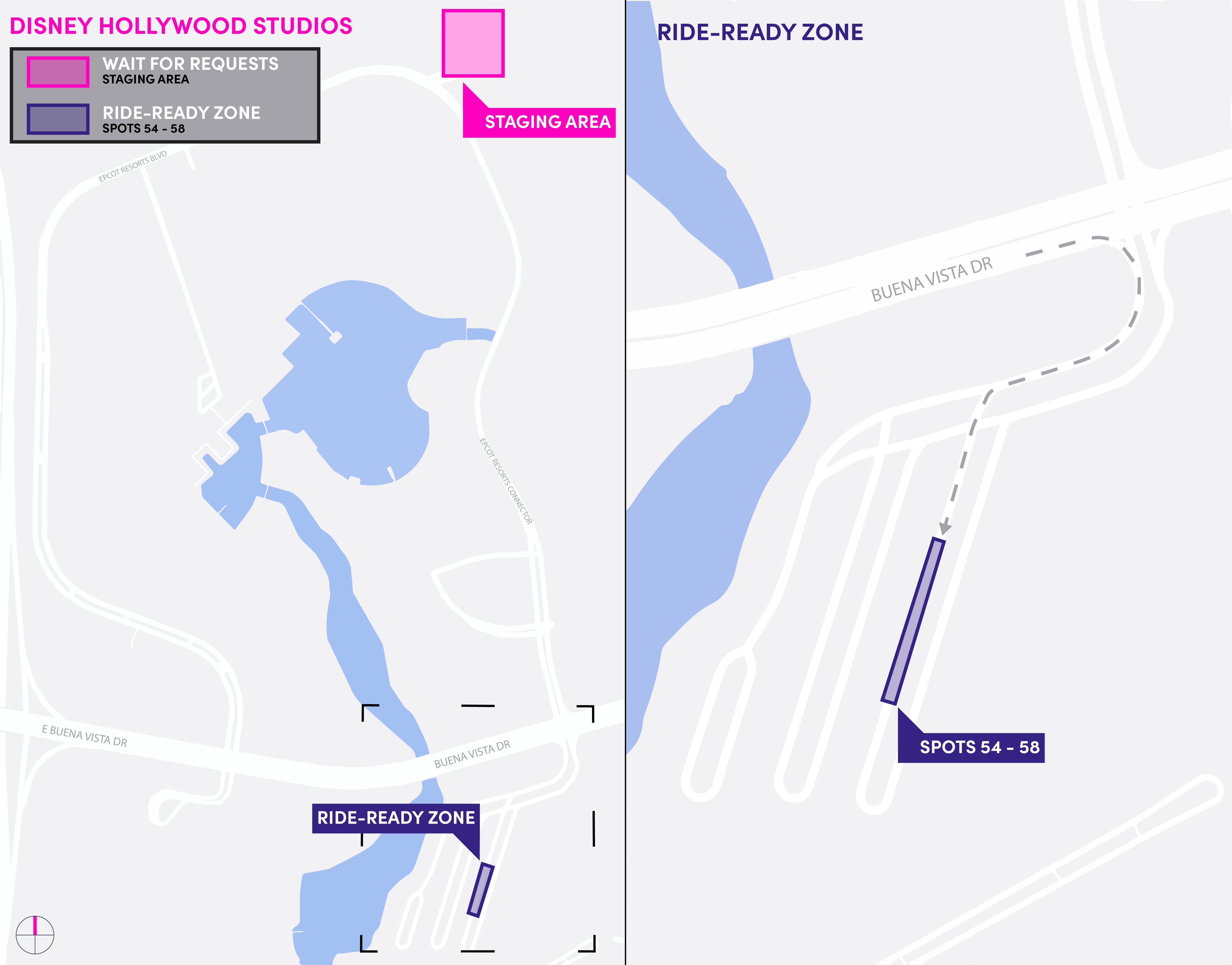 Plan de la zone de départs aux Disney's Hollywood Studios.