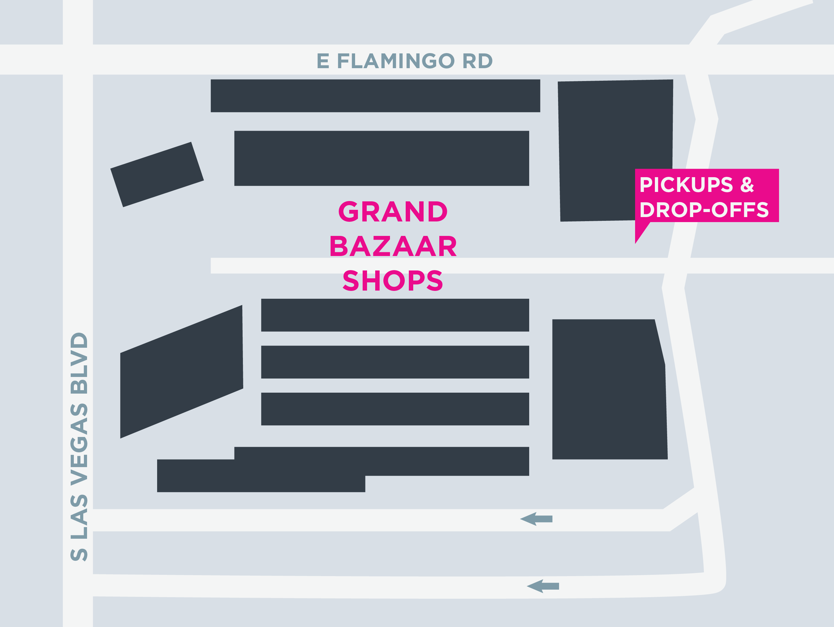 Mapa da área de embarque e desembarque no Grand Bazaar, em Las Vegas.