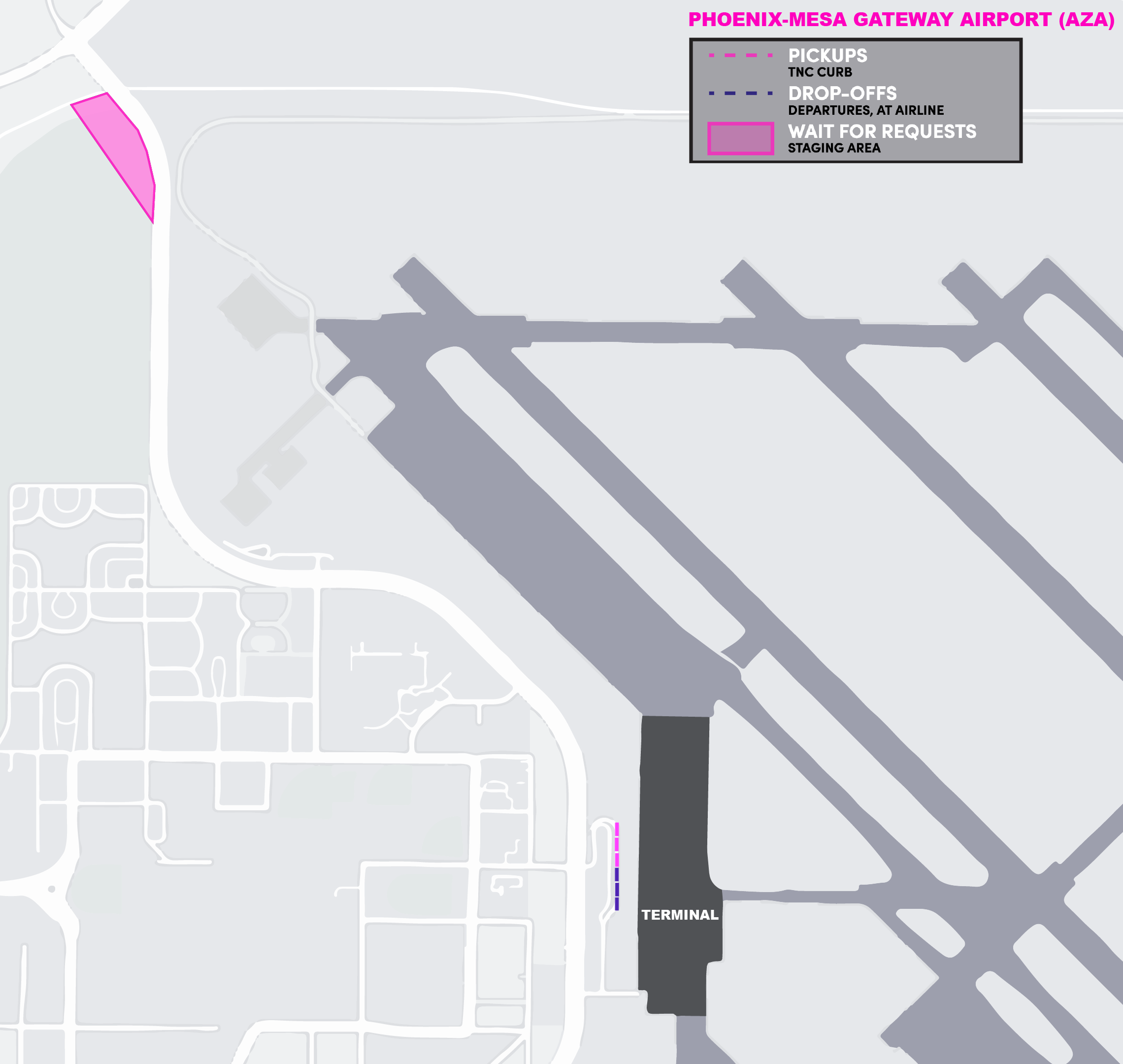 Esta imagem é um mapa do aeroporto AZA. Ela inclui o local de espera, ponto de encontro e áreas de desembarque.