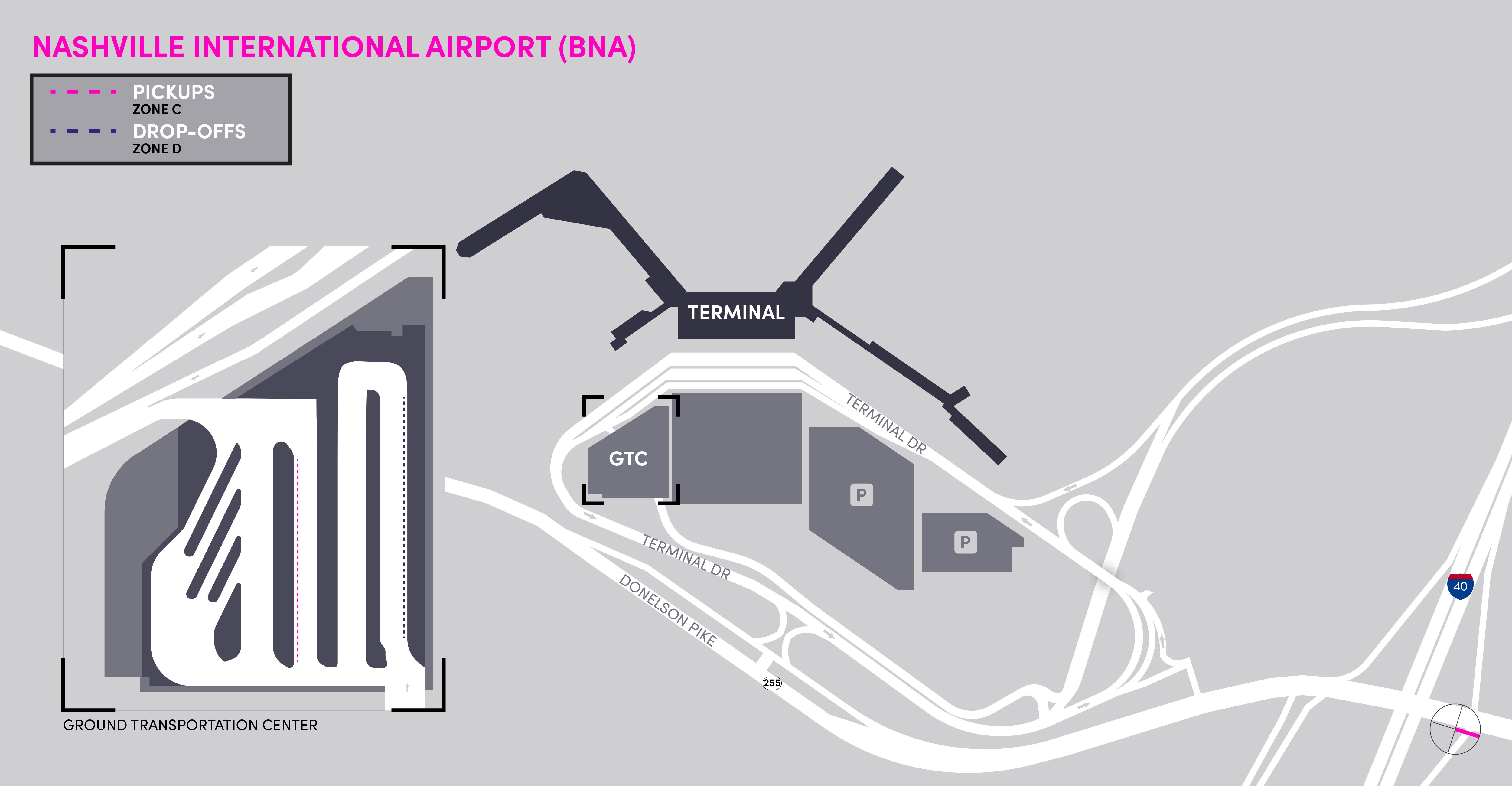 carte d'ensemble de l'aéroport international de Nashville.
