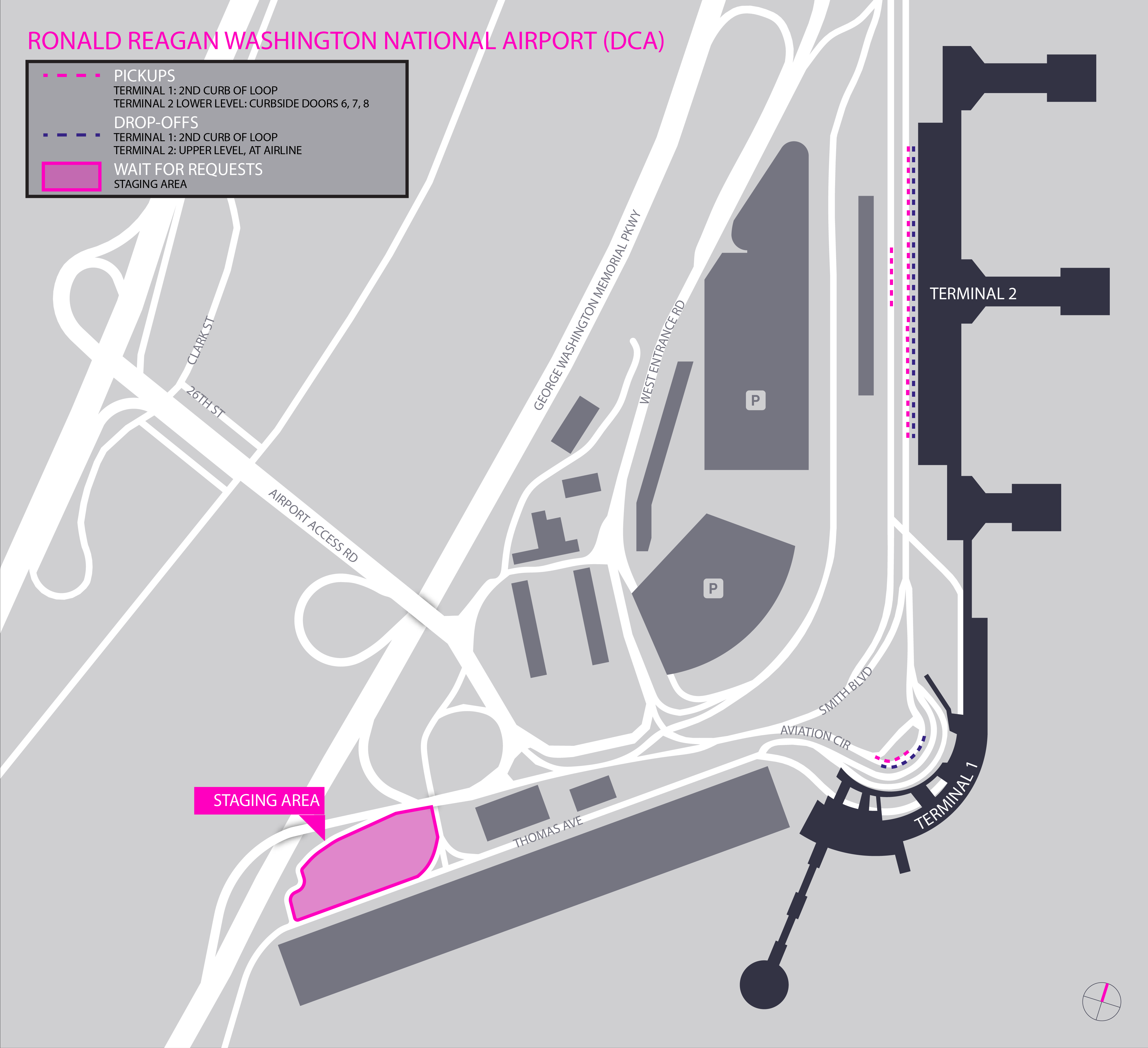Esta imagem é um mapa do aeroporto Ronald Reagan. Ela inclui o local de espera, o ponto de encontro e as áreas de desembarque.