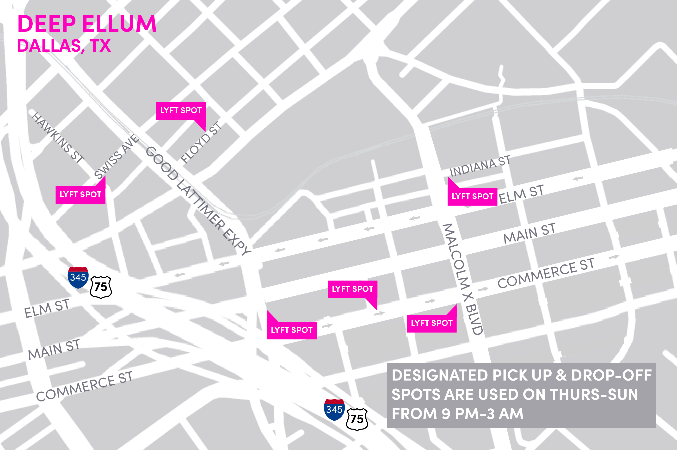 Shows drivers pickup and drop-off locations in the entertainment district of Deep Ellum in Dallas-Forth Worth