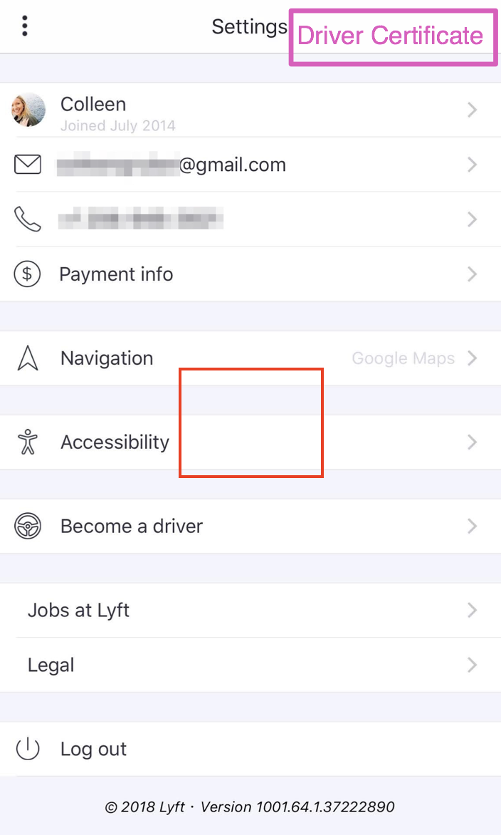 Esta imagen muestra cómo encontrar el certificado del conductor en la app de Lyft Driver.