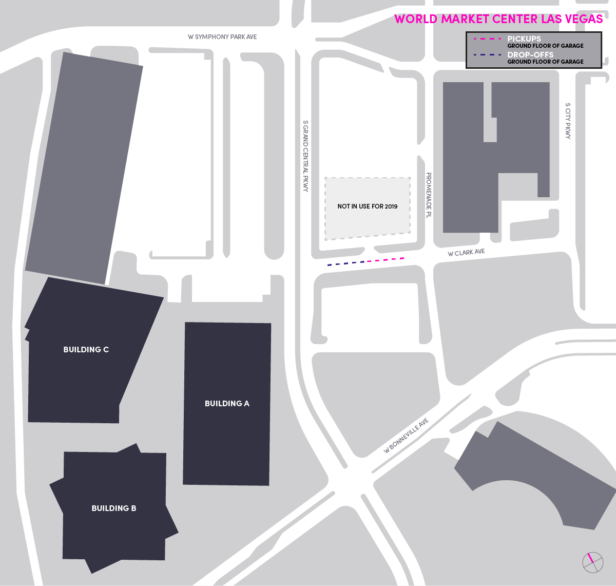 This image shows a map of the WMC, including pickup and dropoff areas.