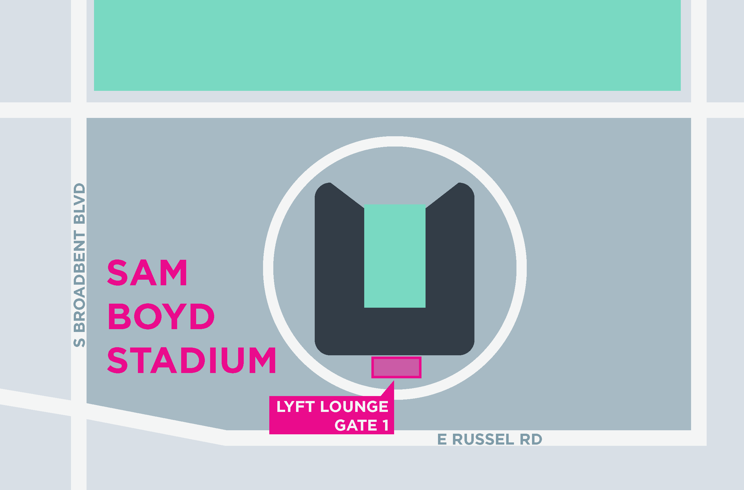 Esta imagem mostra um mapa do Sam Boyd Stadium, incluindo pontos de encontro e áreas de desembarque.