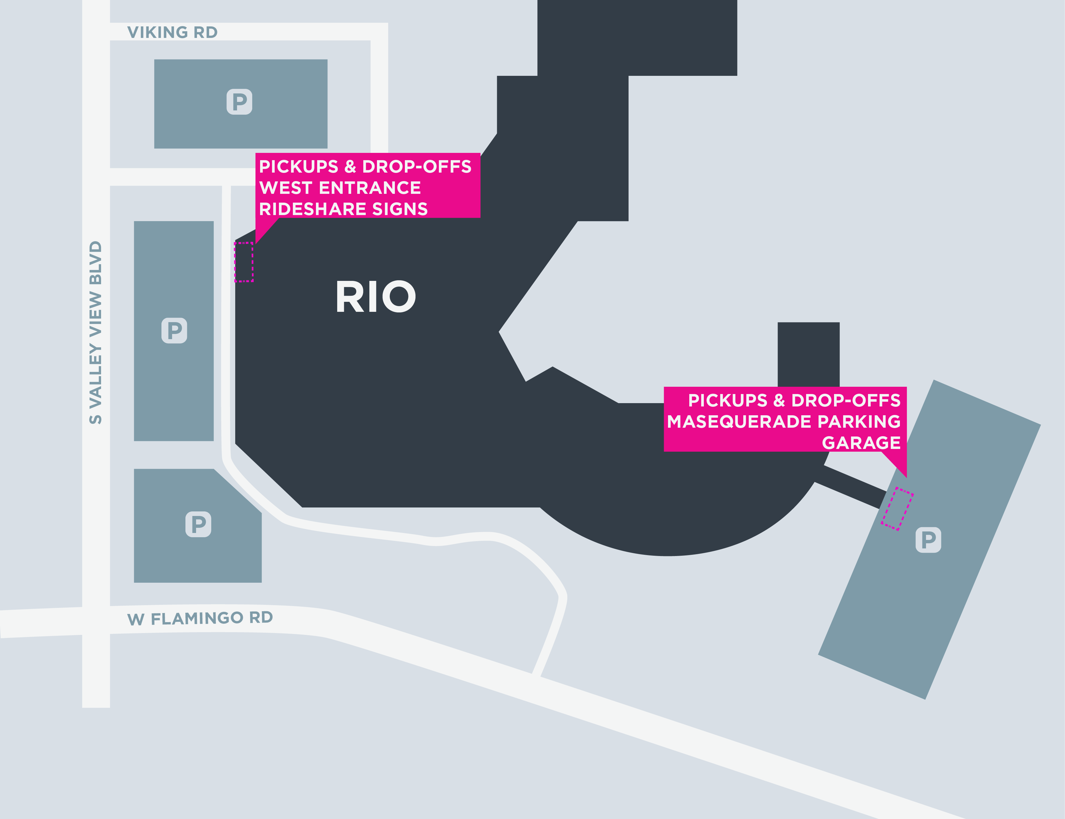 Mapa das áreas de embarque e desembarque no Rio Hotel em Las Vegas.