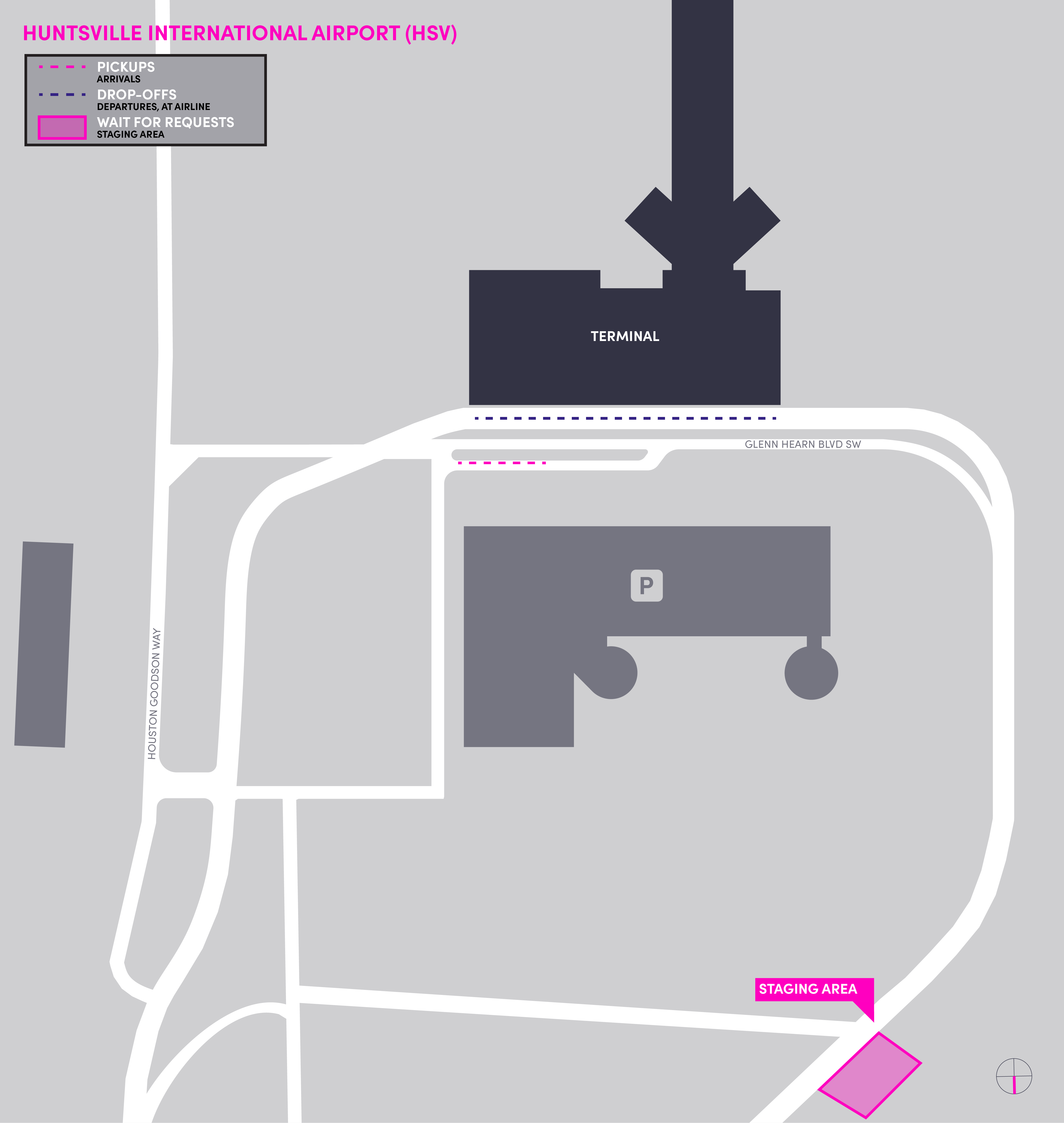 Esta imagem é um mapa do aeroporto HSV. Ela inclui o local de espera, o ponto de encontro e as áreas de desembarque.