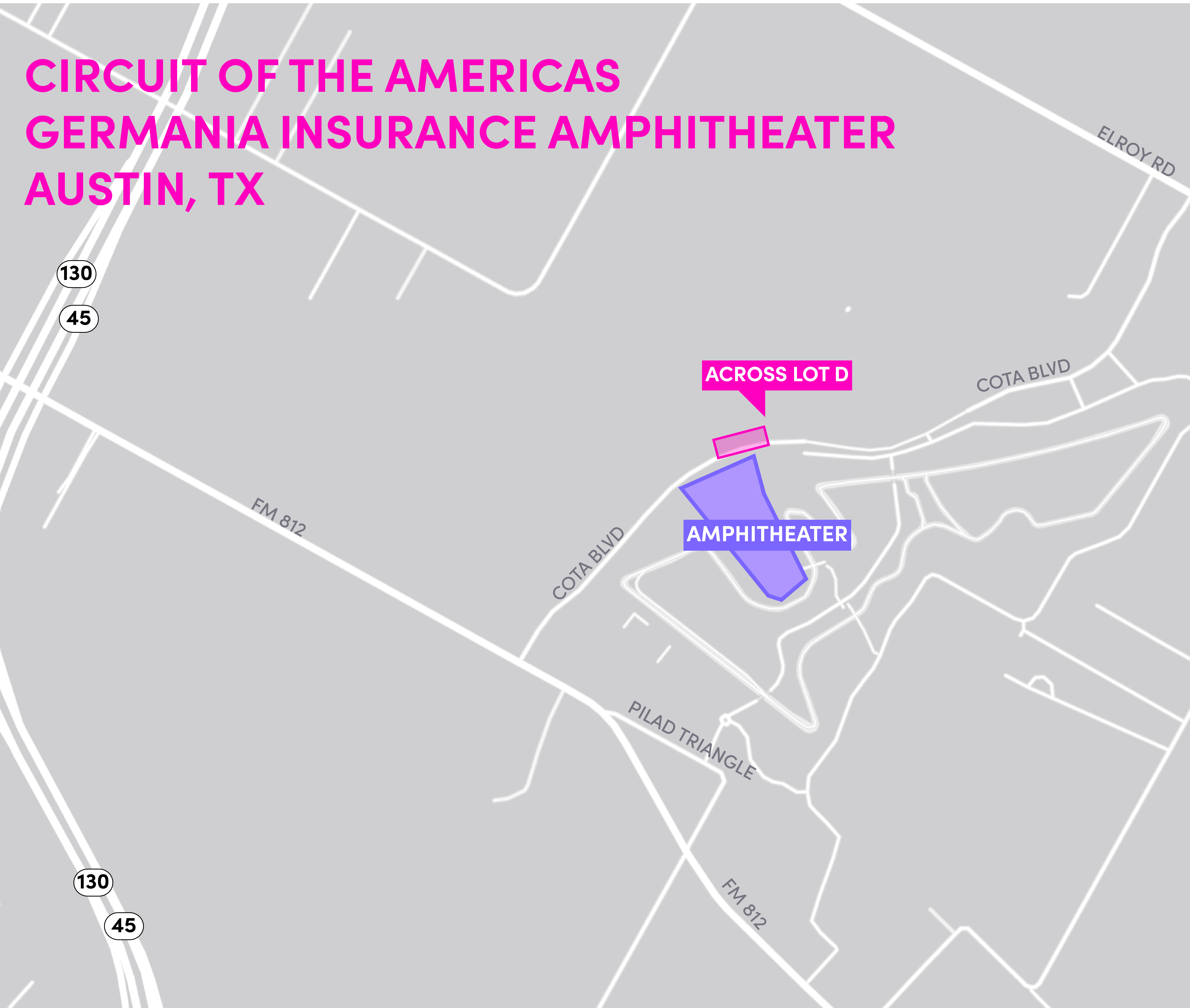 Proporciona los lugares donde los conductores pueden recoger y dejar a los pasajeros en el Circuito de las Américas, en Austin, TX.